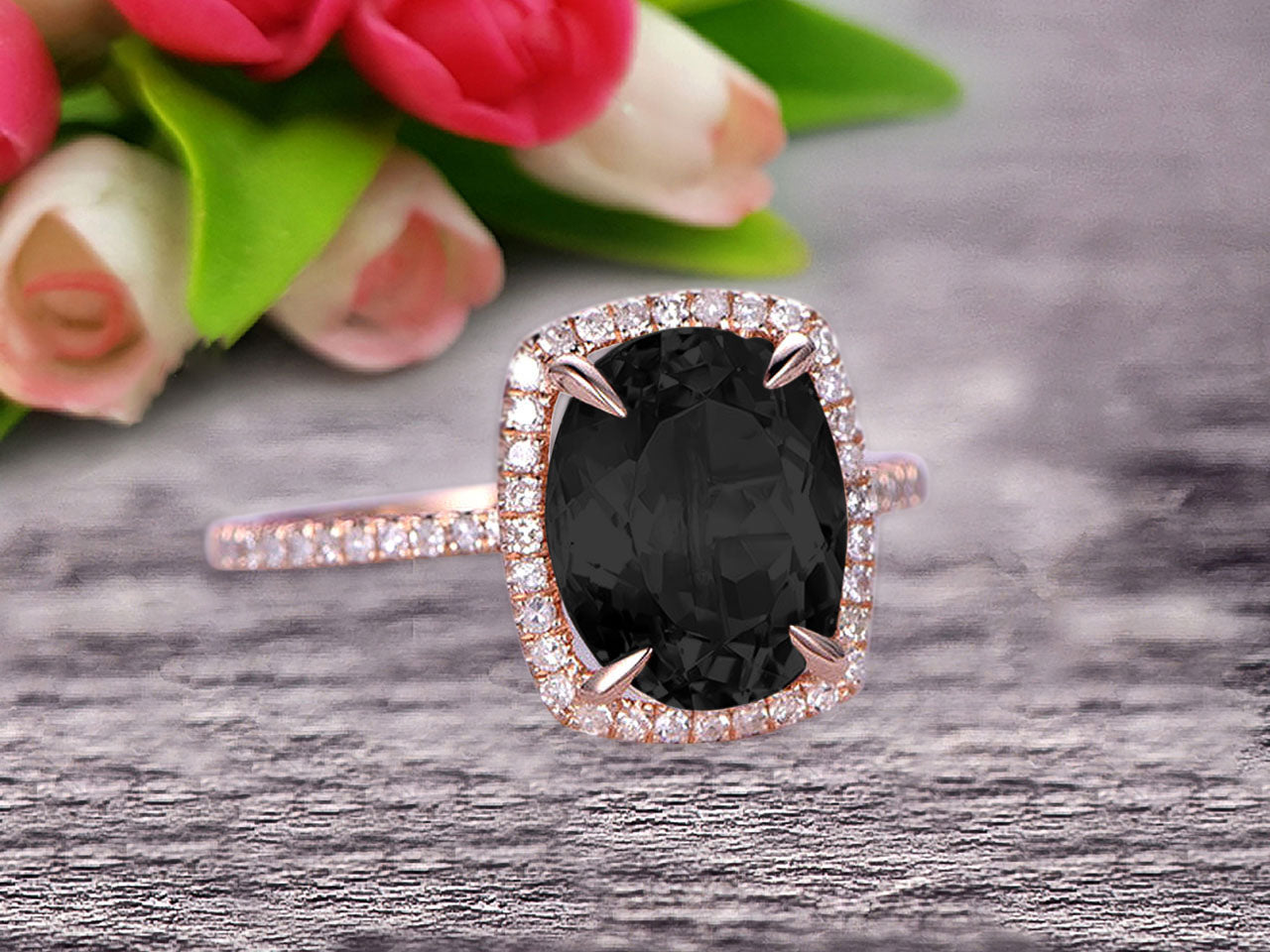 1.50 Carat Big Black Diamond Moissanite Engagement Ring Wedding Band in 10k Rose Gold Halo Design - Art Deco Style Personalized Bridal Jewelry for Women - Perfect for Proposals, Anniversaries & Special Occasions