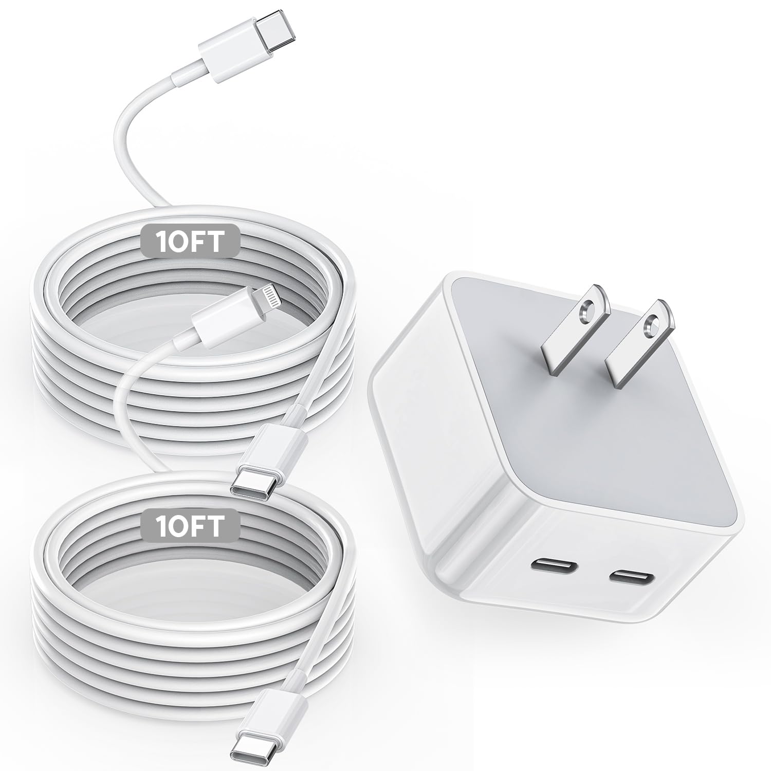 Fast 40W Dual USB C Wall Charger with 10FT USB C to Lightning & USB C to USB C Cables - MFi Certified for iPhone 14/13/12/11/X, iPad Pro/Air/mini - Perfect for Home, Office & Travel Charging Needs