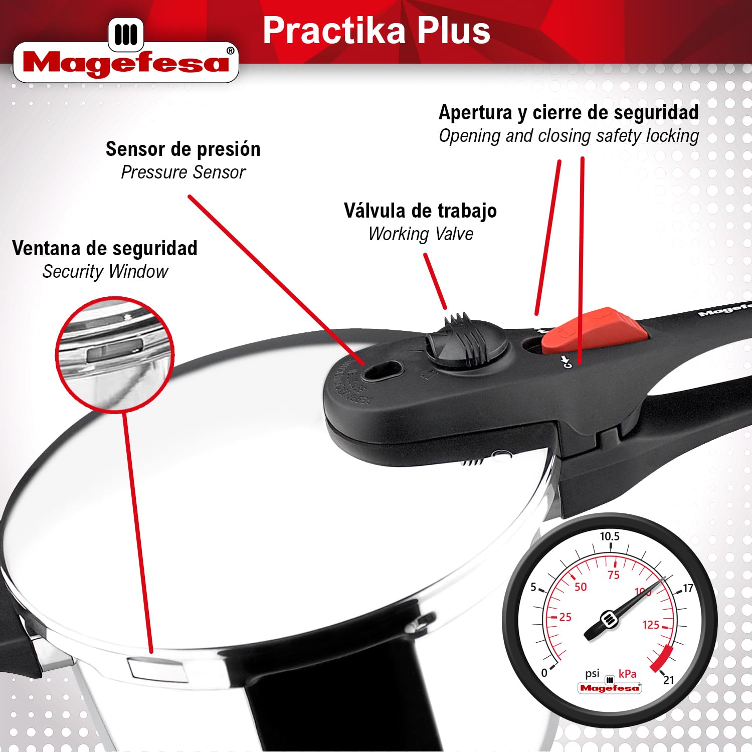 Magefesa Practika Plus 8-Quart Stainless Steel Pressure Cooker - 18/10 Induction Compatible with 5-Layer Heat Diffuser & 5 Safety Systems - Perfect for Canning, Stewing & Fast Cooking in Kitchens