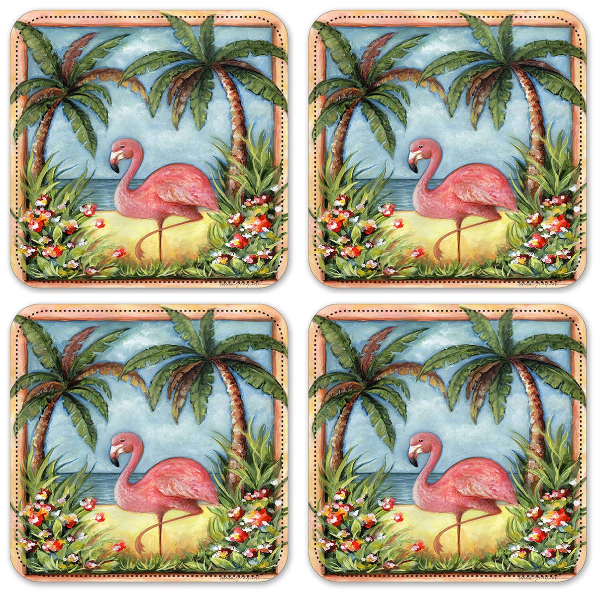 Vinyl Drink Coasters Set of 4 - Tropical Flamingo Design - Waterproof & Non-Slip for Coffee Tables, Bars, and Outdoor Patio Use