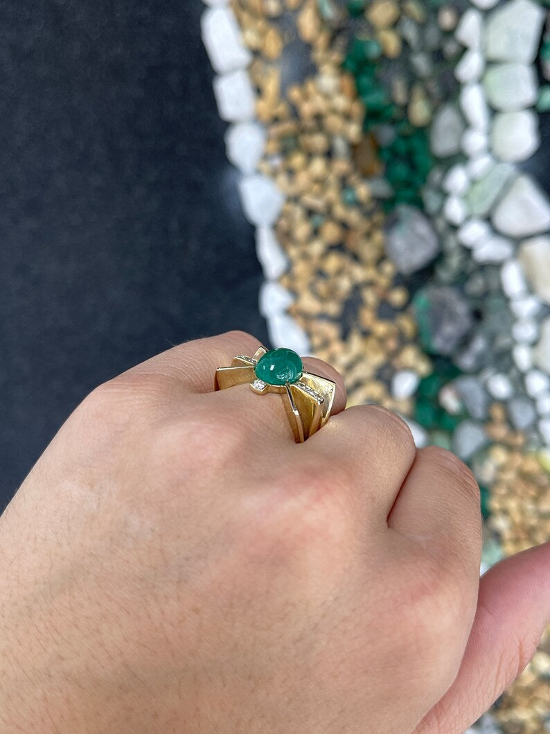 5.12tcw 14K Gold Statement Ring with Natural Green Cabochon Cut Emerald & Diamond Accents - Star Design for Women, Perfect for Evening Parties, Weddings & Special Occasions
