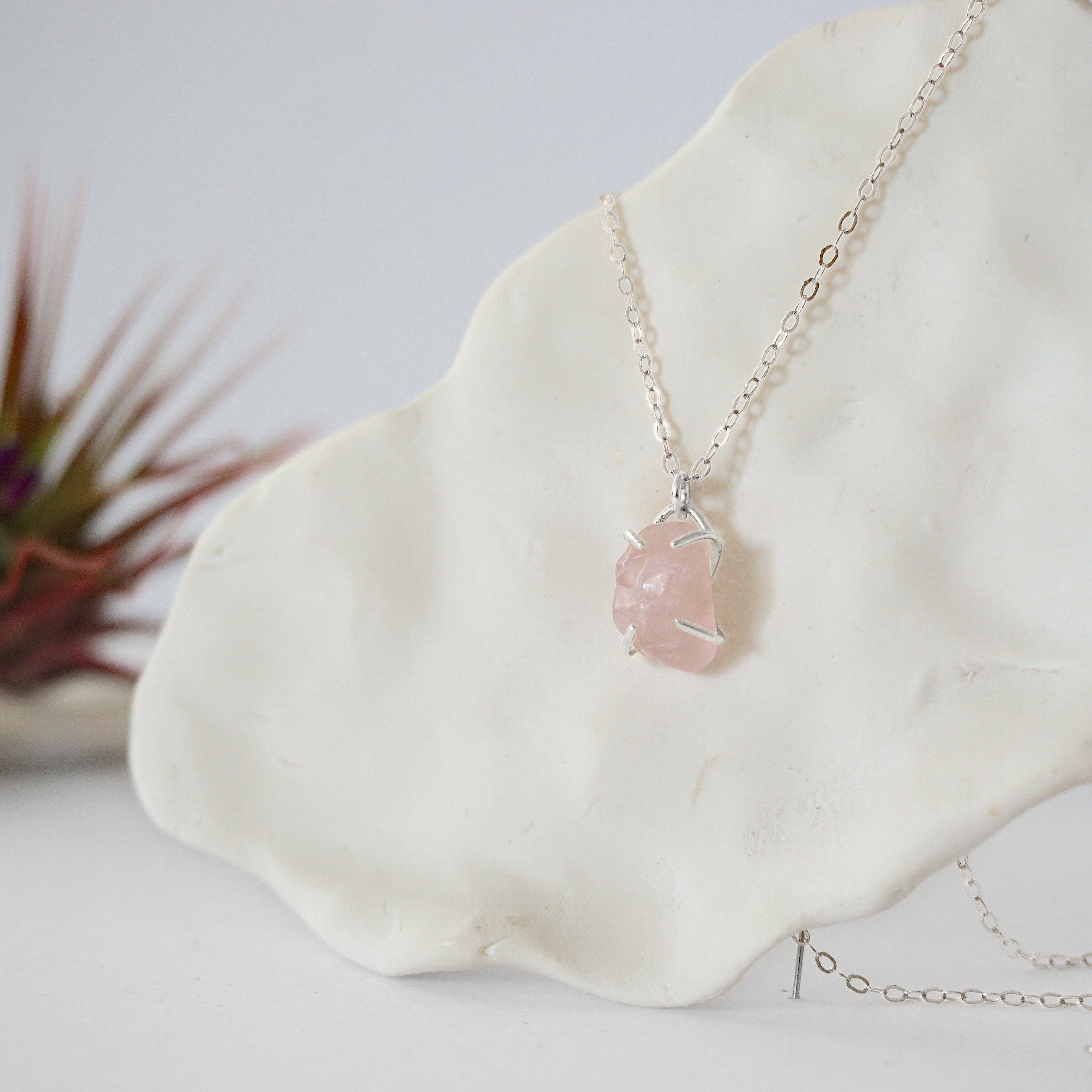 Rose Quartz Necklace - Sterling Silver Huggie Charm Necklace for Women, Healing Crystal Jewelry Gift for Valentine's Day, Birthday & Everyday Wear