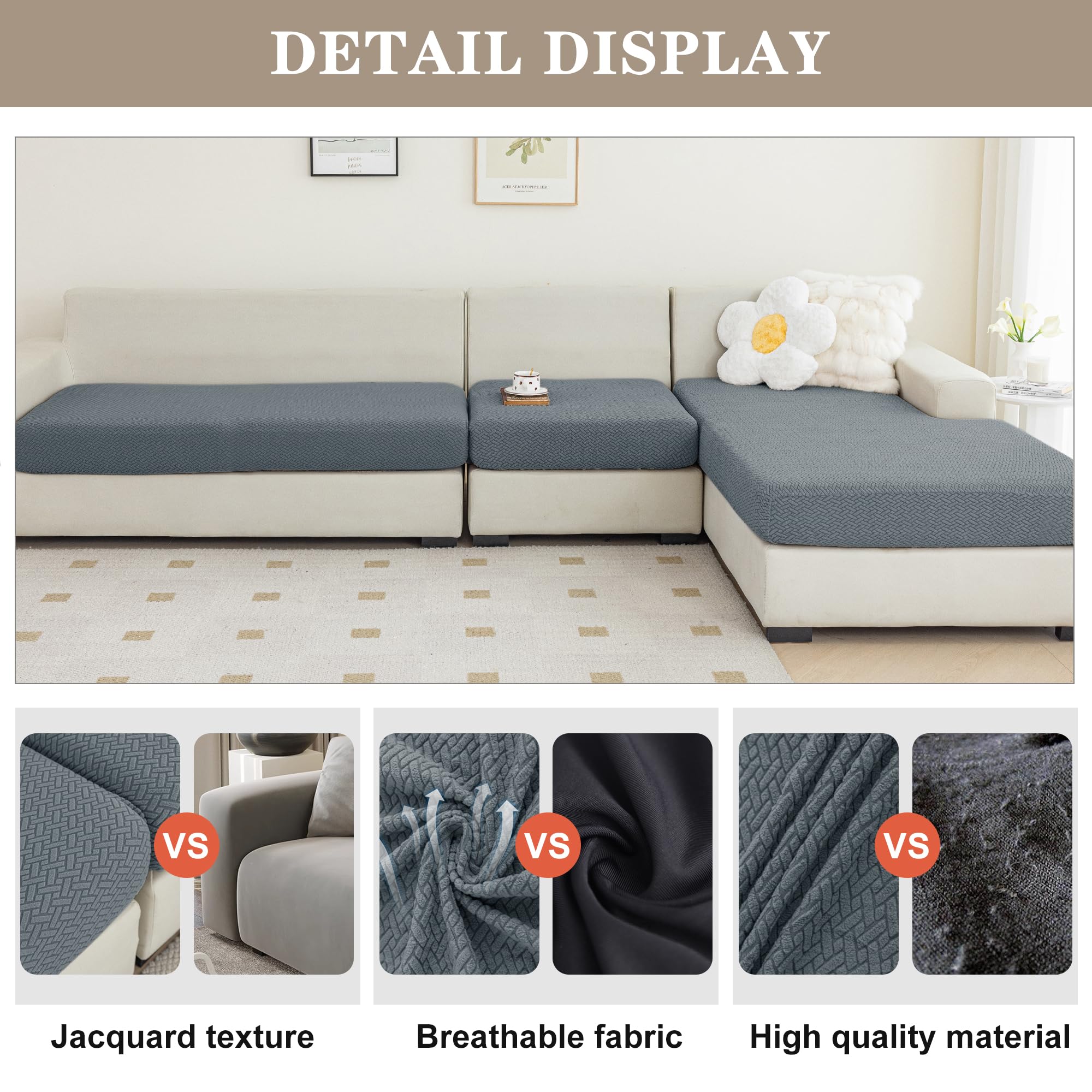 4-Piece Stretch Jacquard Couch Cushion Covers for Sectional Sofa - Left/Right L-Shape (3 Seater + Chaise, Dark Gray) - Washable, Anti-Slip Sofa Slipcovers - Perfect for Living Room, Family Room & Home Decor