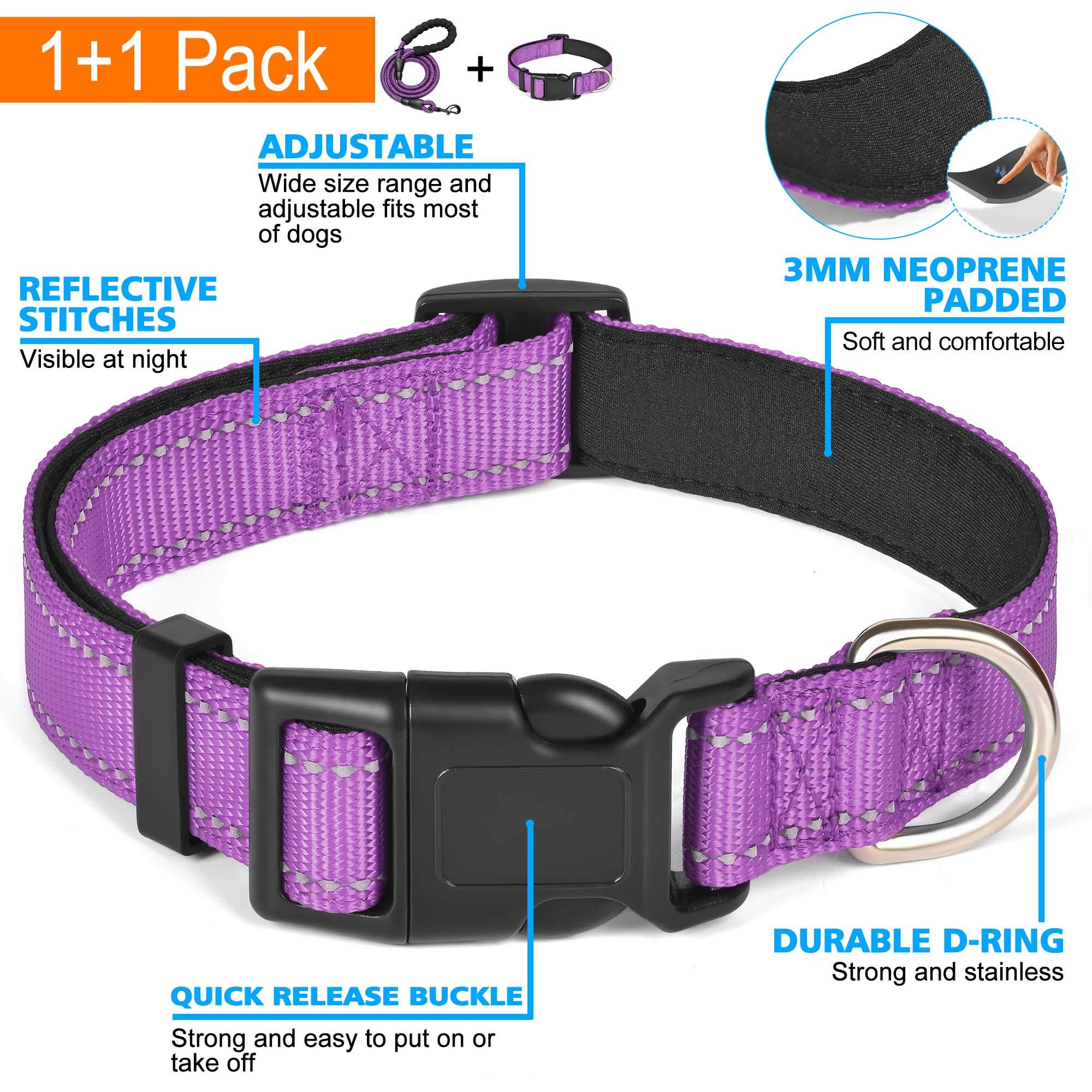 Reflective Adjustable Dog Collar with Soft Neoprene Padding - Breathable Nylon Pet Collar for Small, Medium & Large Dogs - Purple Collar & Leash Set (Perfect for Night Walks, Jogging & Outdoor Adventures)