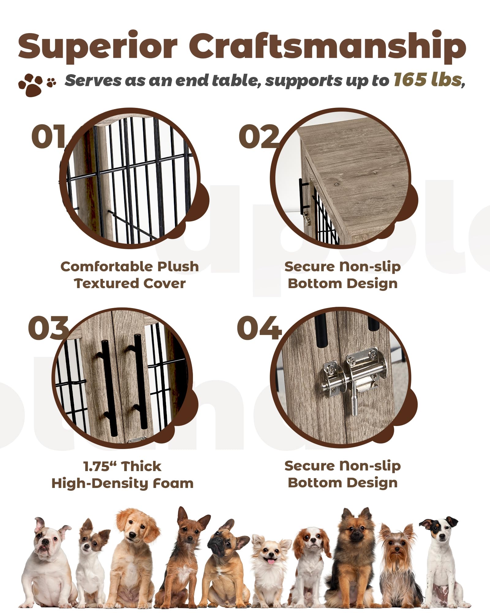 32 Inch Wooden Dog Crate Furniture with Bed Mat - Medium Dog Kennel with 3 Doors, End Side Table Design in Greige | Perfect for Living Room, Bedroom & Home Decor