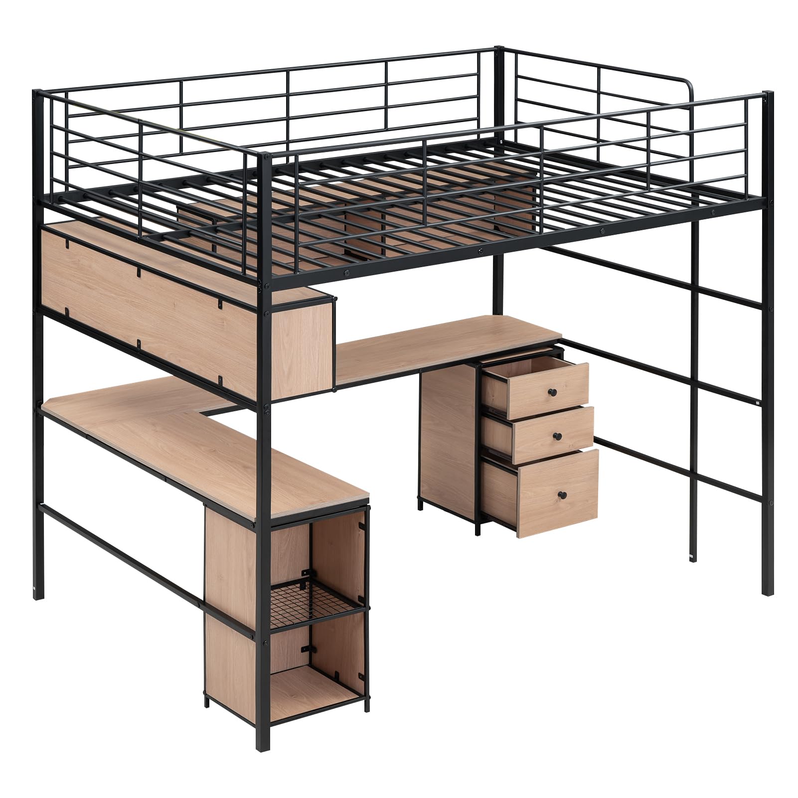 Full Size Loft Bed with Desk & Storage - Metal Bed Frame with Bookcase & Cabinet - Space Saving Black Loft Bed for Small Rooms, Dorm, Studio Apartments & Kids Bedroom