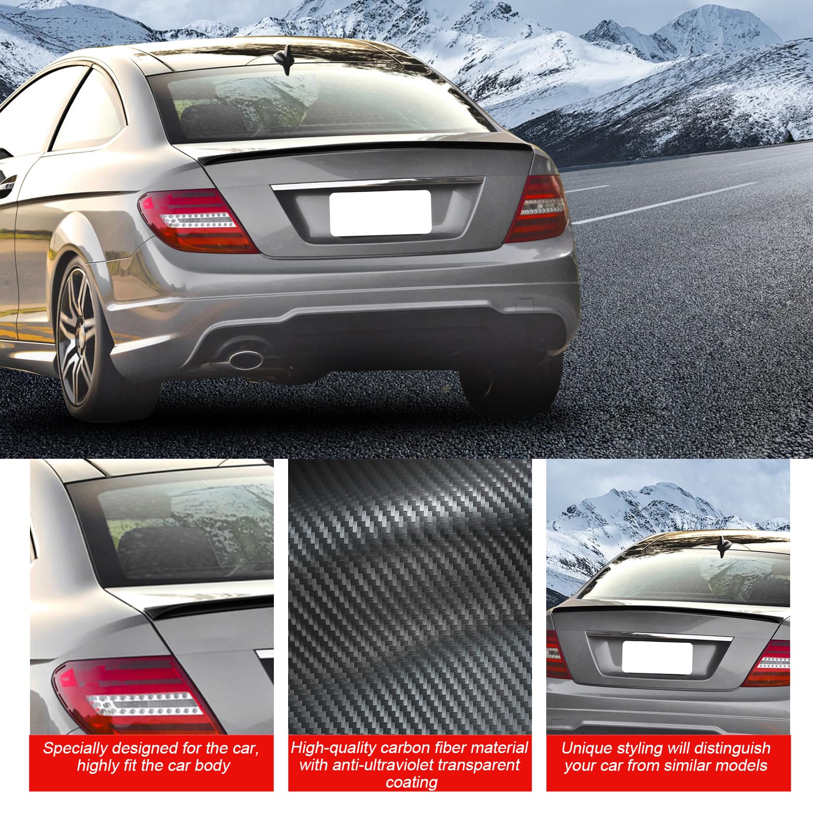 Glossy Black Carbon Fiber Rear Spoiler Wing for 2011-2014 Mercedes-Benz C180 - Stylish Trunk Spoiler Accessory | Enhances Aerodynamics & Sporty Look for Street Racing & Car Shows