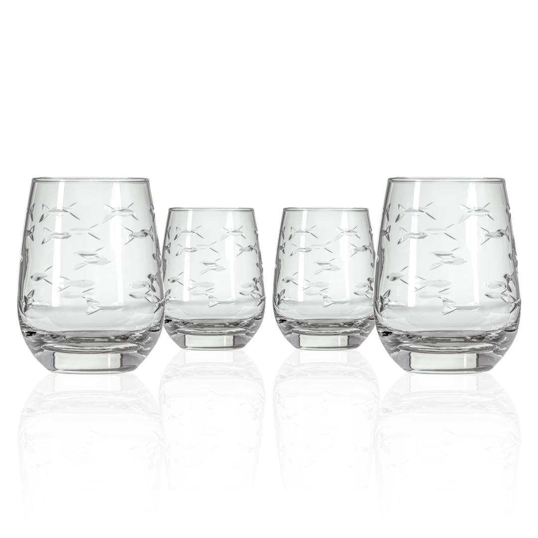 Set of 4 Clear Stemless Wine Tumbler Glasses - 15oz Fish Design for School of Fish Lovers | Perfect for Parties, Gifts & Home Bar Decor