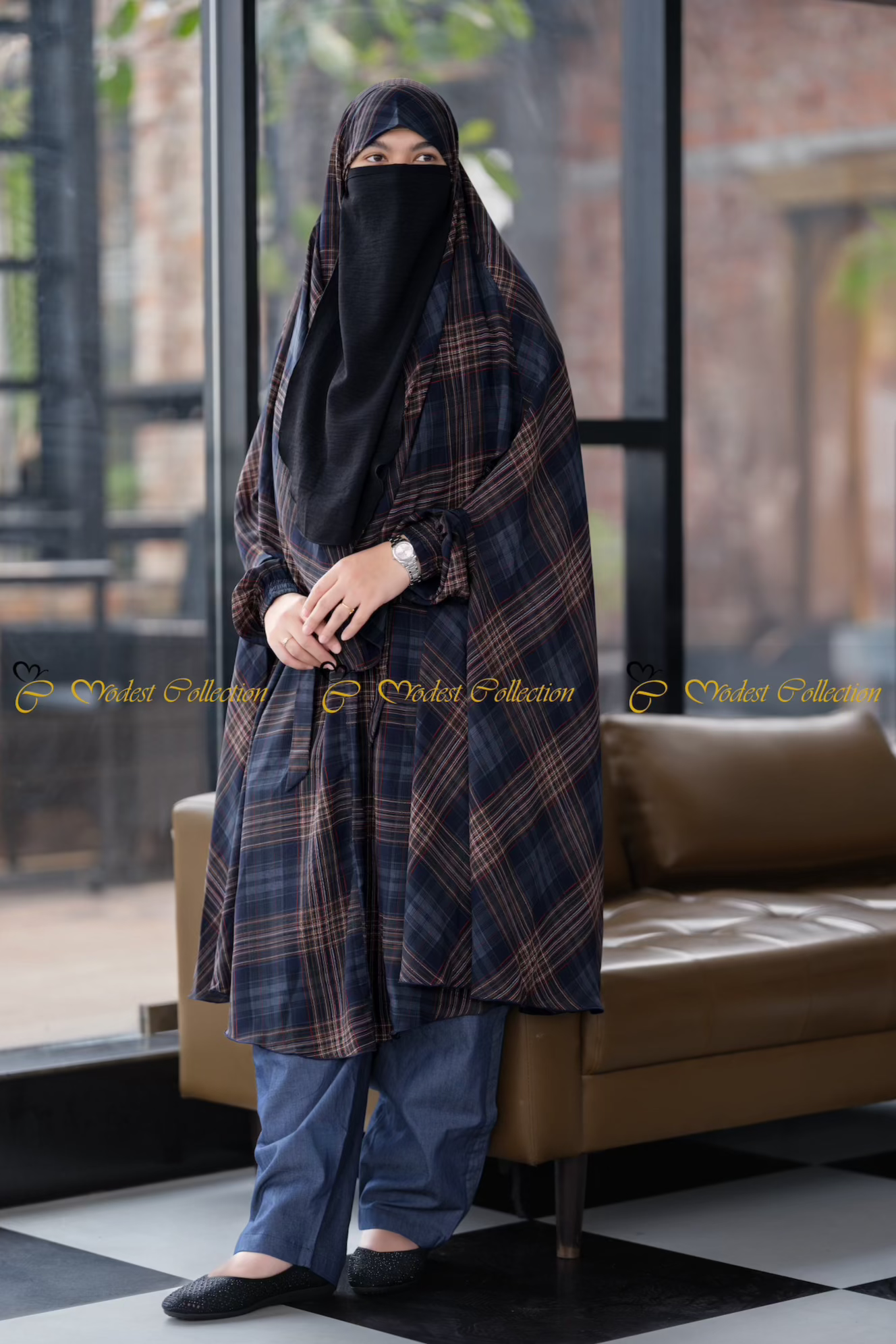 Stylish Navy Checkered Georgette Khimar with Pockets - Perfect for Prayer, Modest Fashion & Everyday Wear