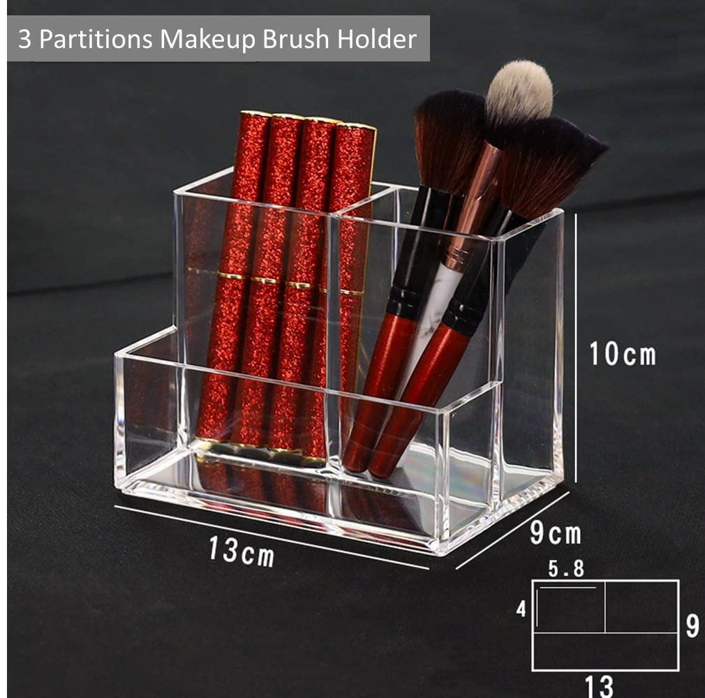 Clear Acrylic Makeup Organizer - 3-Tier Cosmetic Storage Case with Brush Holder & Lipstick Dispenser | Bathroom Vanity Organizer (5.1