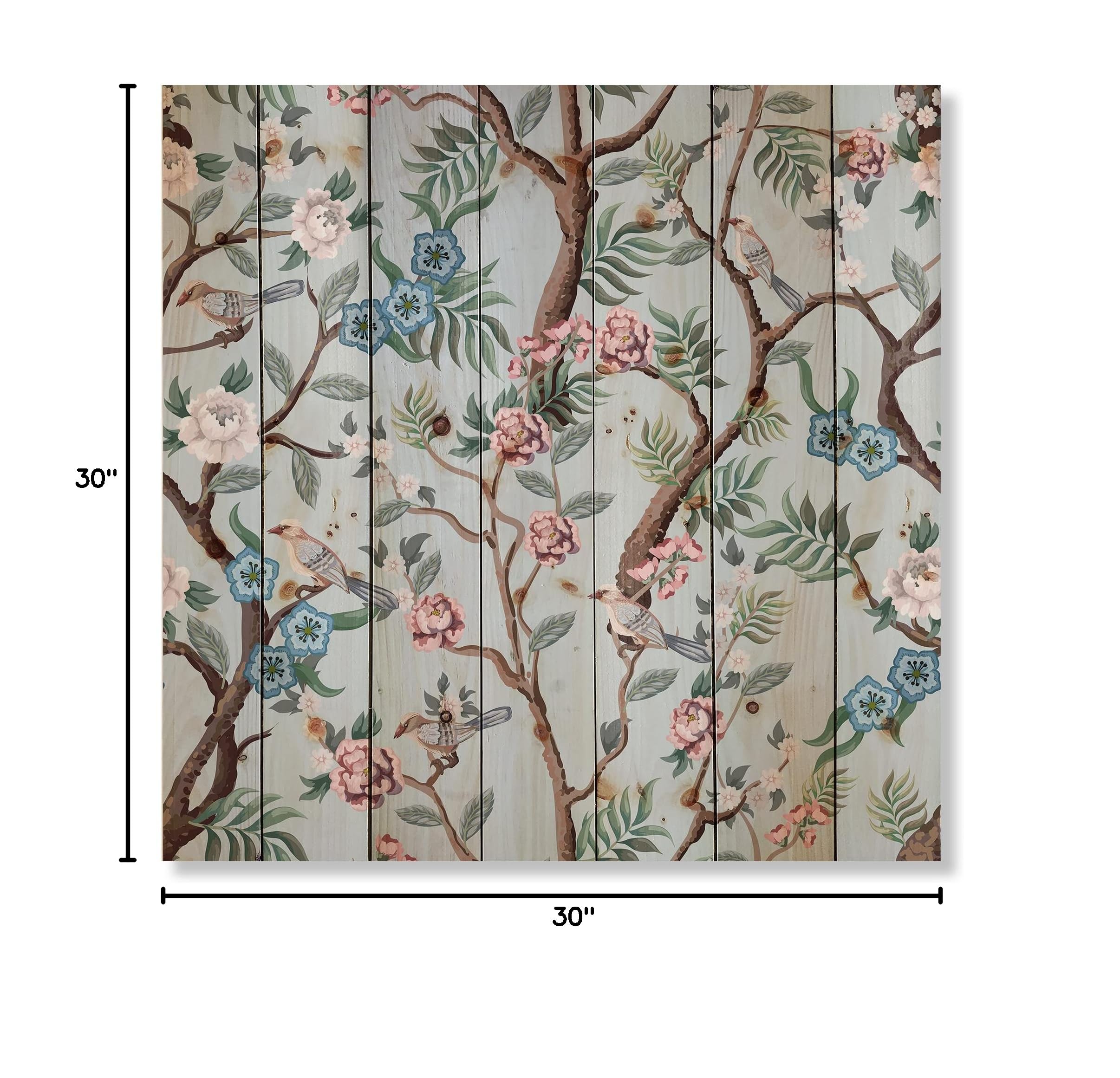 Chinoiserie Bird & Peony Traditional Wood Wall Decor - Grey Wood Art Panel with Large Animal Prints on Natural Pine - Perfect for Living Room, Bedroom & Office Decor