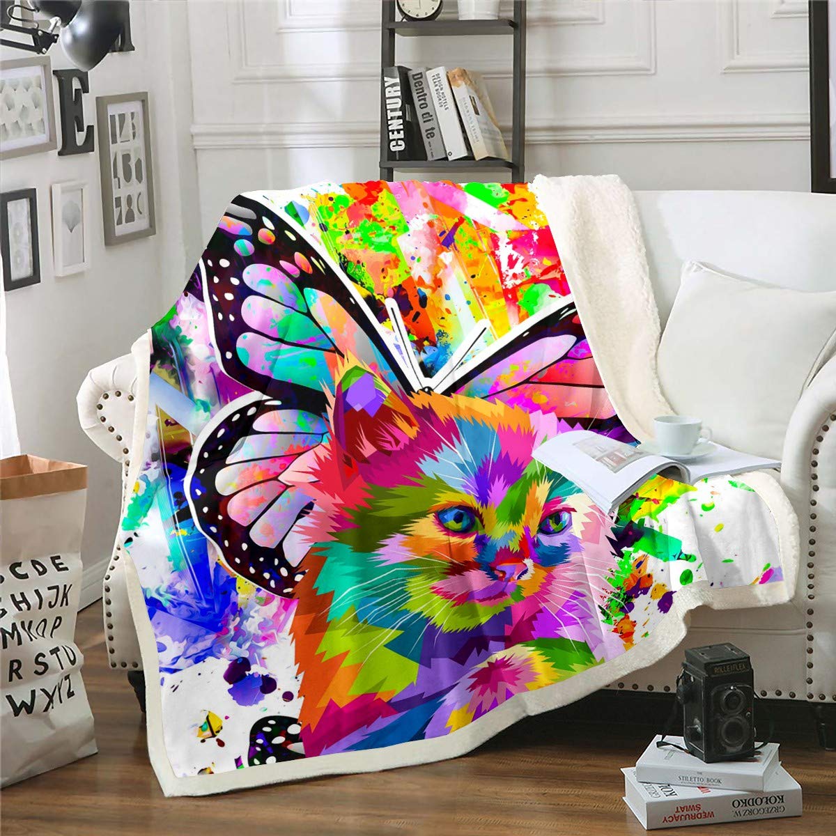 Erosebridal Soft Cat Fleece Blanket - Butterfly Sherpa Throw for Kids & Girls - Colorful Rainbow Tie Dye Fuzzy Blanket 60