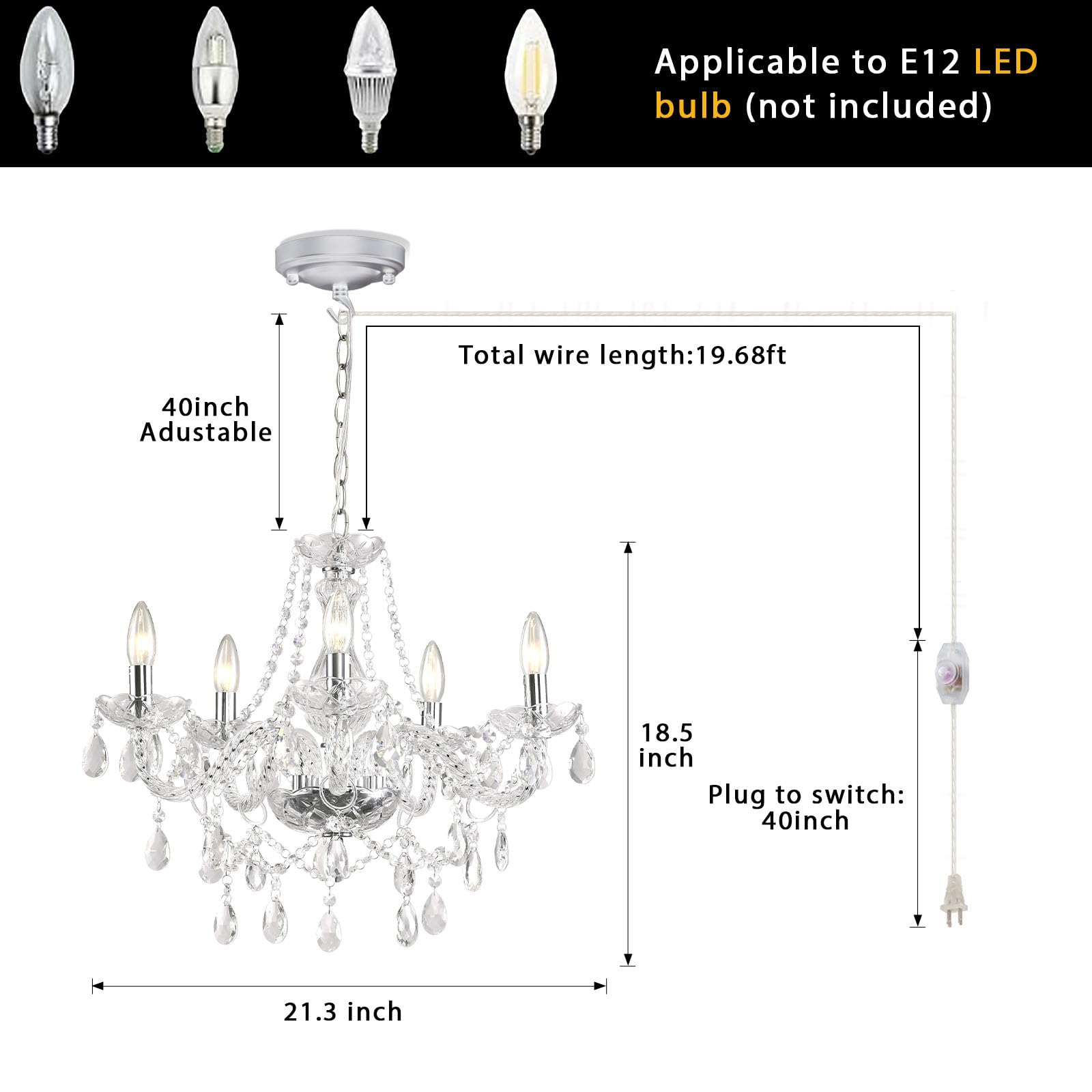 Dimmable 5-Light Crystal Chandelier with Plug-in Cord - Modern Chrome Candle Style Swag Pendant Light with K9 Glass Beads for Dining Room, Living Room, Bedroom | Elegant Ceiling Lighting Fixture for Home Decor, Wedding, Restaurant & Special Occasions