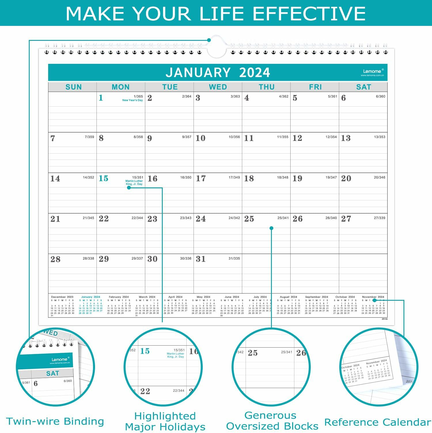 2024 Wall Calendar - 18 Months (July 2023 to December 2024) with Julian Dates, Large 14.75x11.5 Inches - Perfect for Home, Office & School Planning