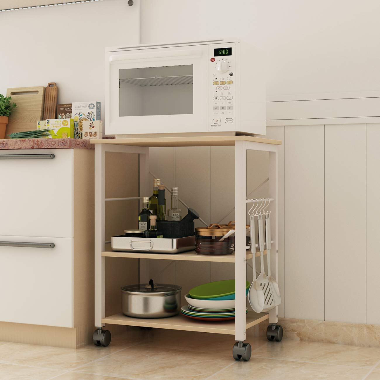 DlandHome 3-Tier Rolling Kitchen Cart - Microwave Stand, Baker's Rack & Appliance Table with Wheels, Small Utility Cart for Kitchen Storage (W4-Maple) - Perfect for Small Spaces, Apartment Cooking & Microwave Organization