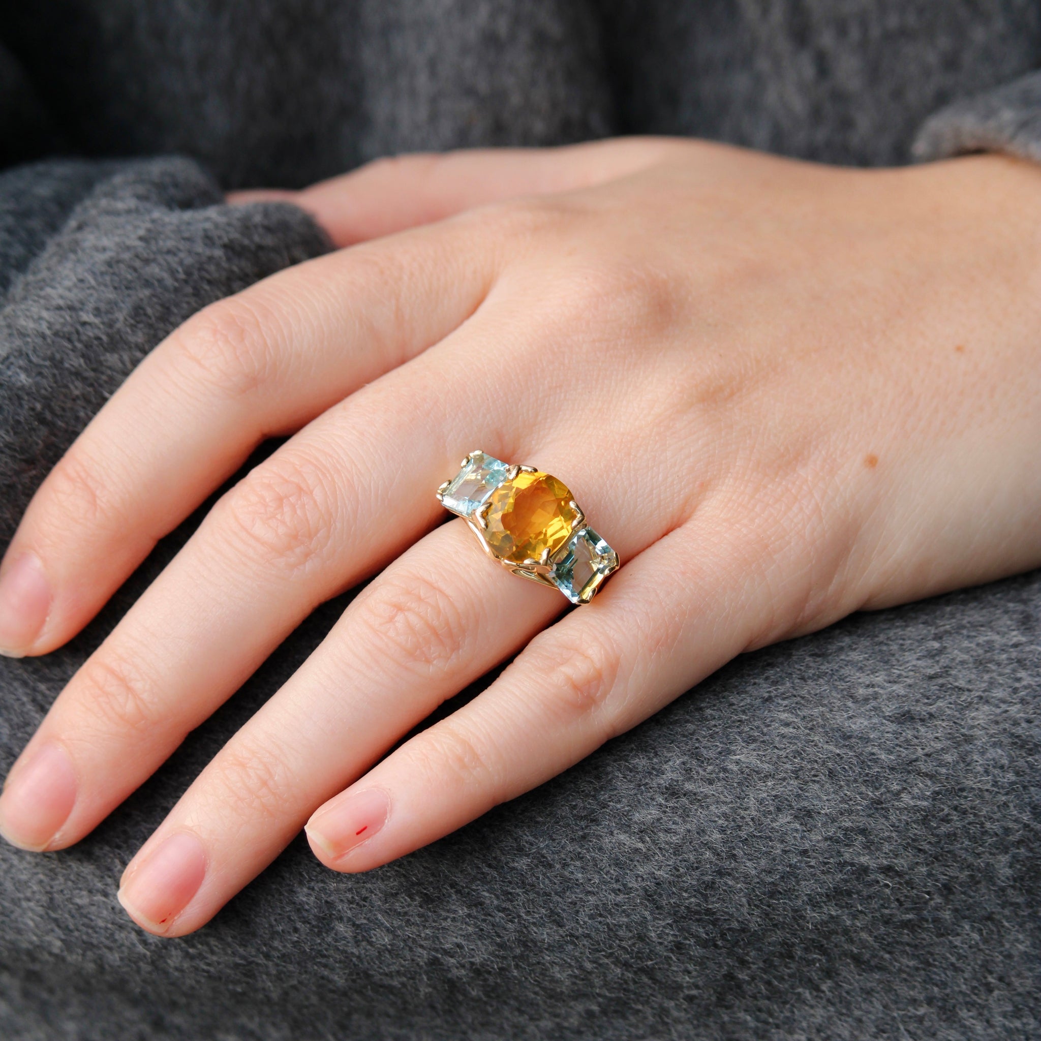 14K Gold Citrine & Aquamarine River Ring for Women - Elegant Stackable Dainty Jewelry for Everyday Wear, Gift for Her, Wedding, Anniversary & Special Occasions