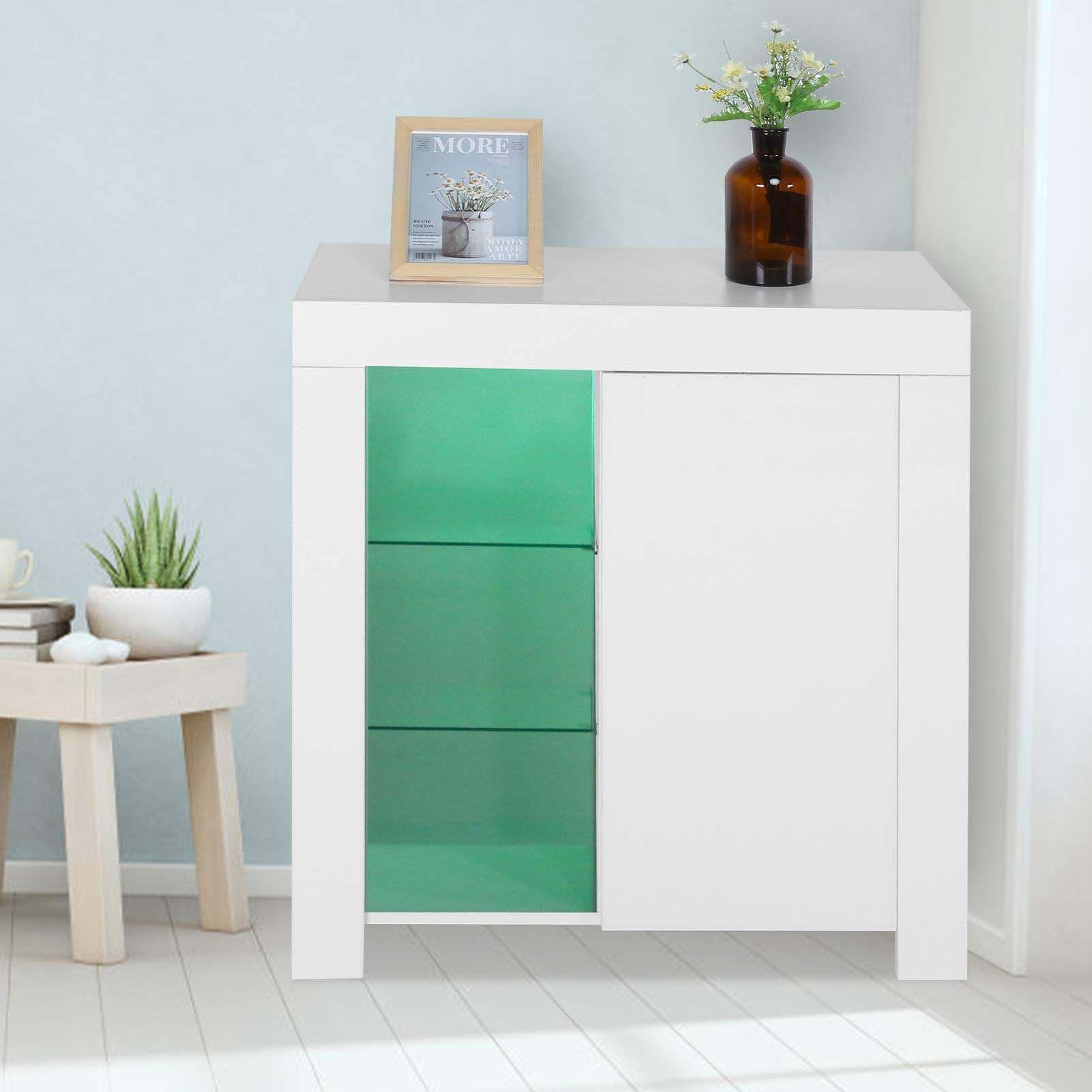 3-Tier LED Sideboard Cabinet - White Modern Tableware Storage Cupboard with LED Lights for Dining Room, Kitchen & Living Room Organization