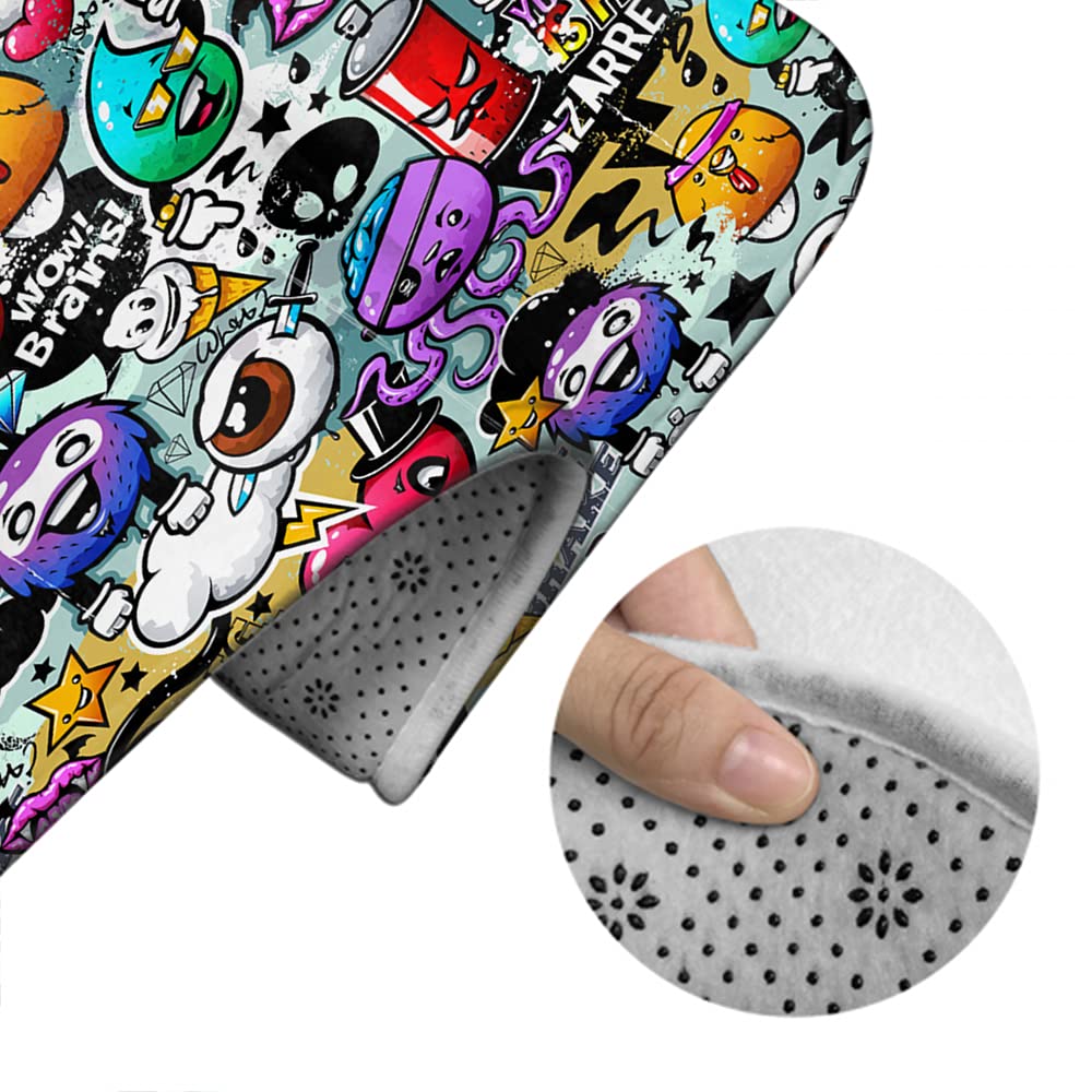 WONDERTIFY Non-Slip Bathroom Rug Set - 3-Piece Graffiti Design with Bizarre Elements (Bath Mat, Contour Mat, Toilet Lid Cover) - Perfect for Modern Bathrooms, Kids' Rooms & Unique Home Decor