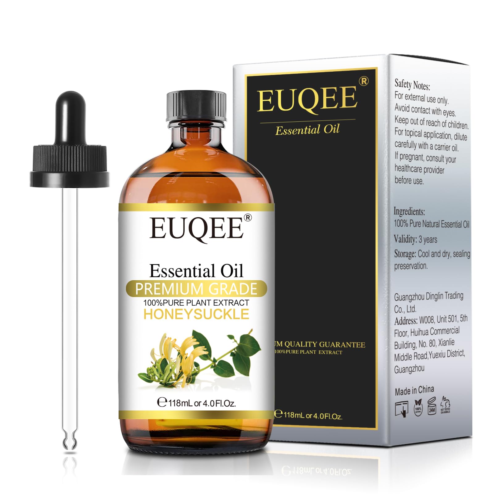 Pure Honeysuckle Essential Oil 4oz (118ml) - Premium Grade with Glass Dropper for Aromatherapy, Diffusers, DIY Soap & Candle Making - Relaxing & Uplifting Scent for Home Spa & Wellness