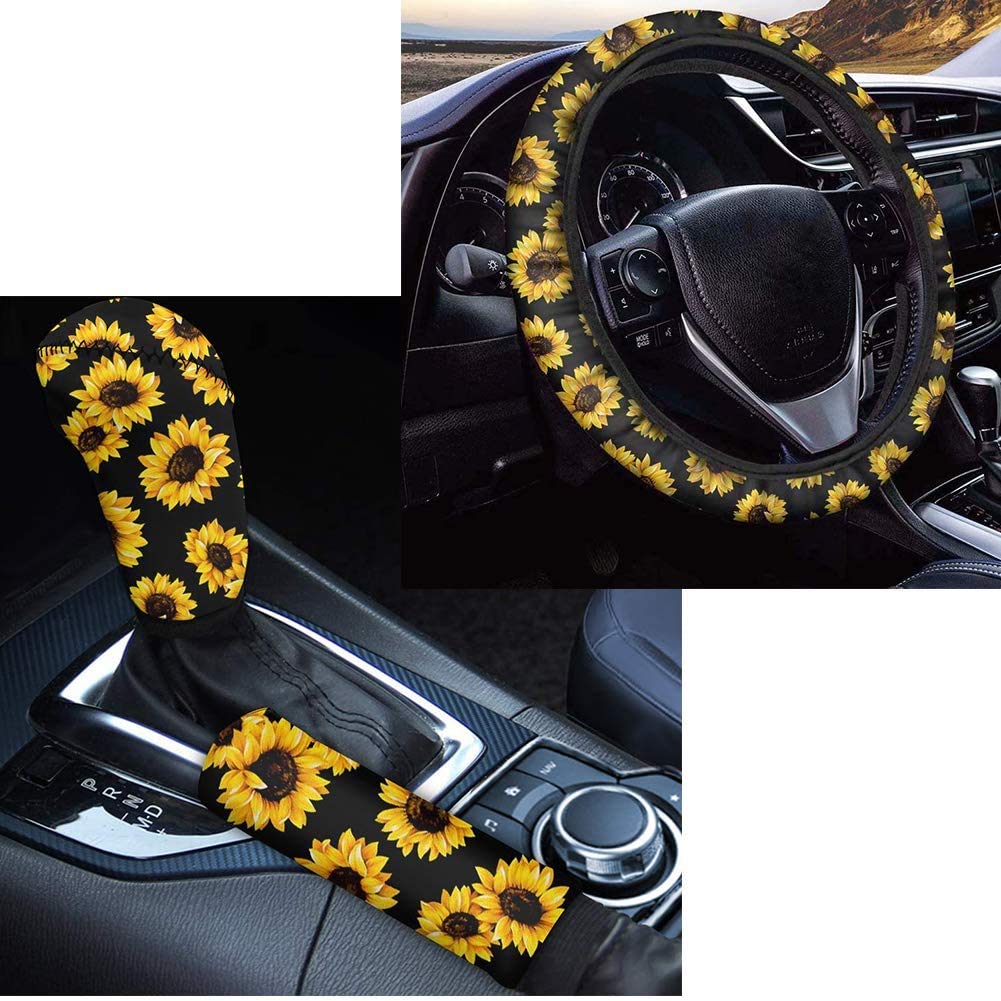 Universal 15 Inch Sunflower Steering Wheel Cover & Gear Shift Knob Cover Set (3pcs) - Black Floral Car Accessories for Women, Girls - Protects from Heat & Wear - Perfect for Summer Driving & Gift Giving
