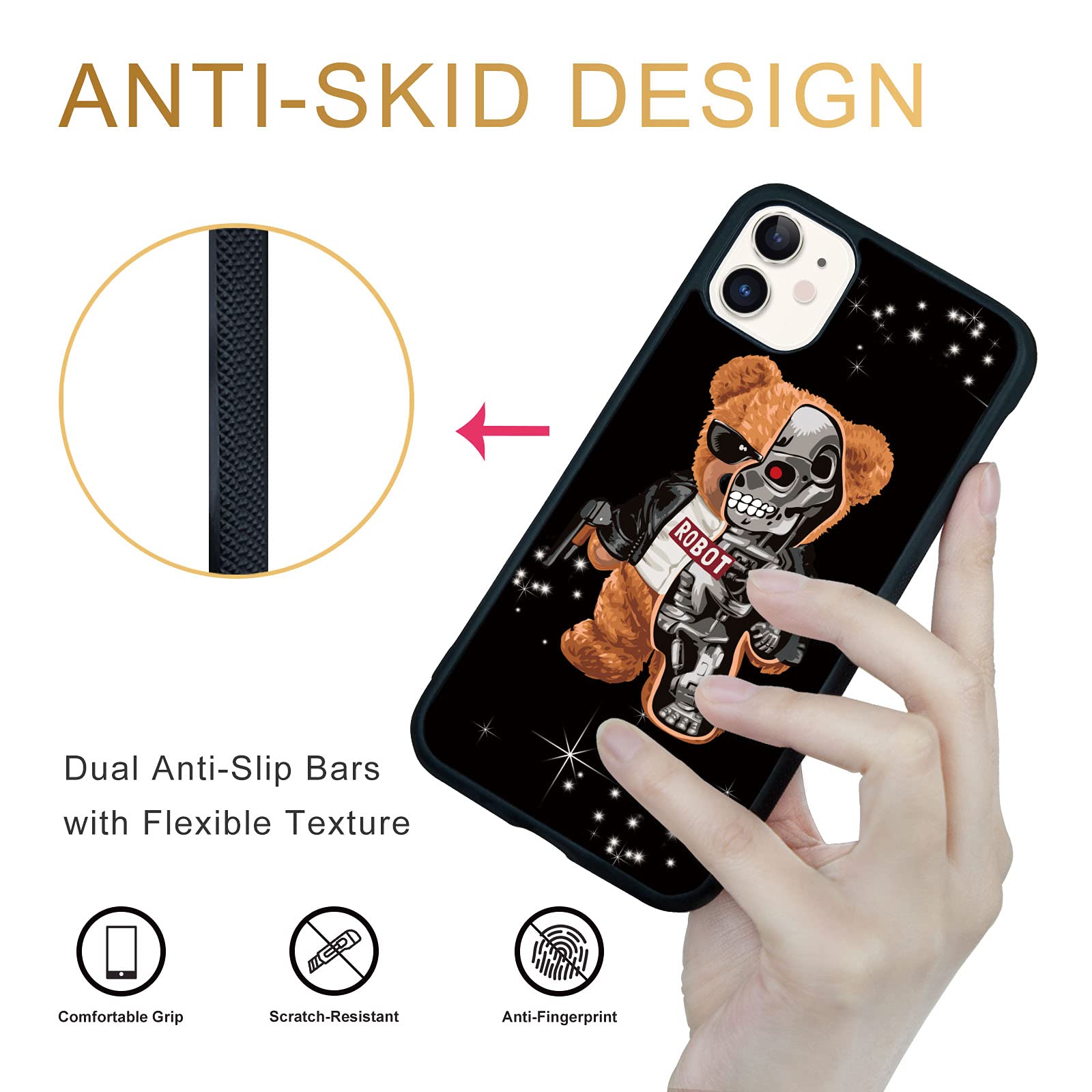 FANXI Shockproof Cute Teddy Bear Phone Case for iPhone 11 - Protective 6.1 Inch Cover for Men, Boys & Kids (Black) | Perfect Gift for Birthday, Christmas & Daily Use