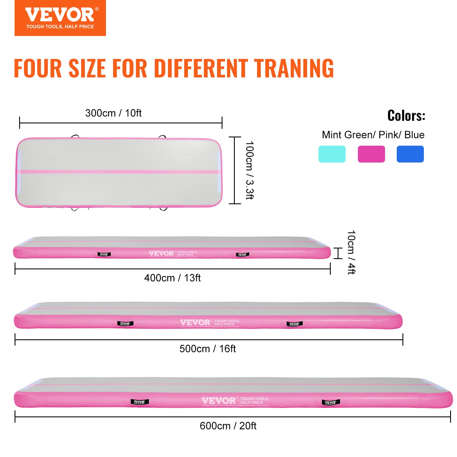 VEVOR Inflatable Gymnastics Air Mat with Electric Pump - Portable Training Mat for Home Gym, Yoga, Cheerleading | Perfect for Indoor Exercise, Outdoor Beach & Park Activities, Water Sports