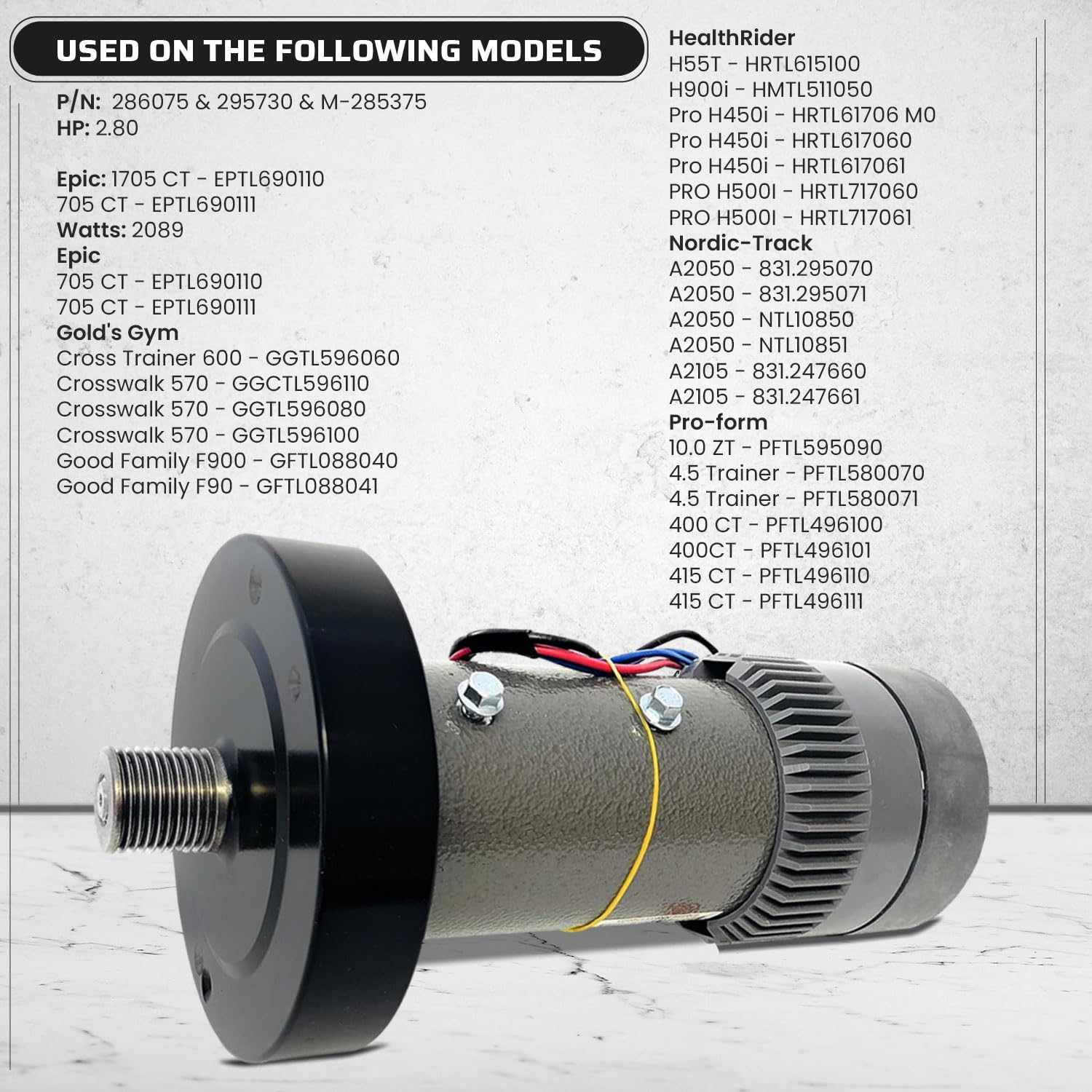 2.80 HP DC Drive Motor with Flywheel - Heavy Duty Permanent Magnet Treadmill Motor for Smooth Operation & Easy Replacement (P/N 286075 & 295730) - Compatible with HealthRider, Gold's Gym H55T - Perfect for Home Gym Treadmill Repairs & Maintenance