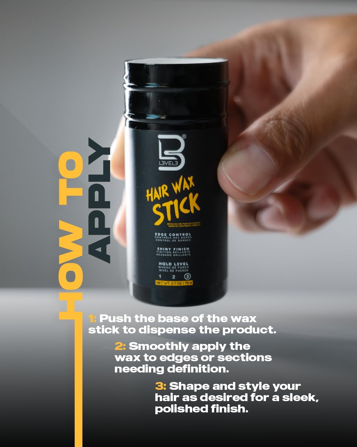 L3 Level 3 Hair Wax Stick 2.7 oz - Coconut Oil & Mineral Oil Smoothing Stick for Sleek, Polished Hair with Edge Control - Perfect for Styling, Taming Frizz & Defining Edges for Men & Women
