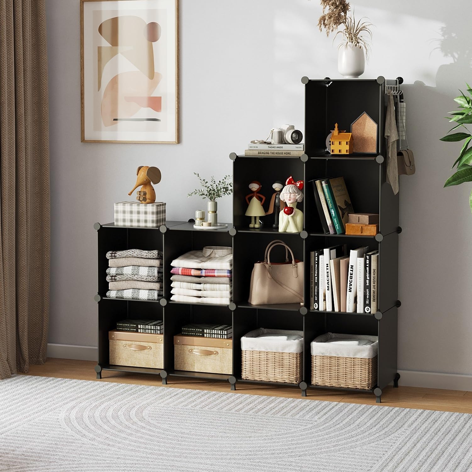 Stackable 12-Cube Storage Organizer for Closet, Bedroom & Home - Black