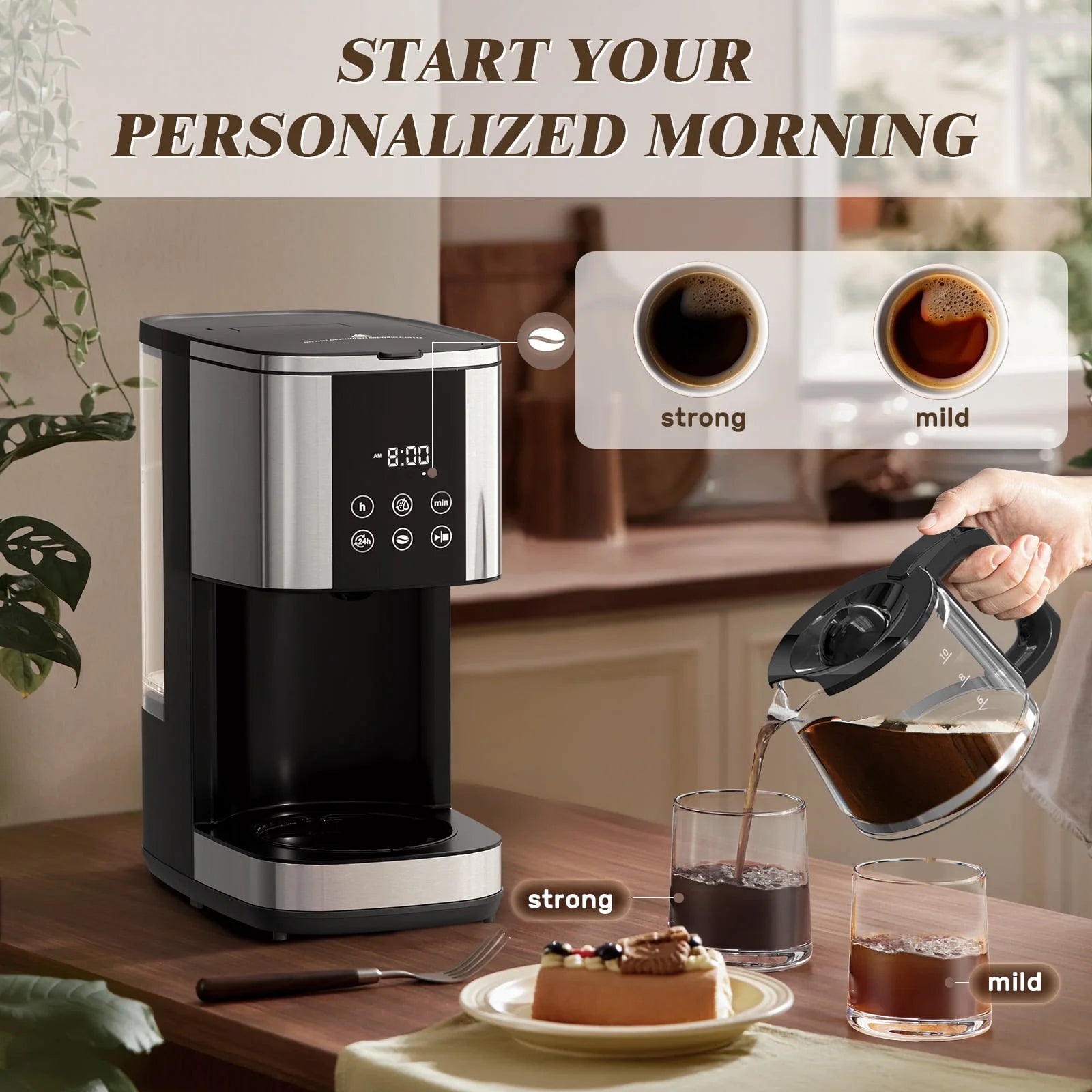 Auseo CM1443A UL Certified 10-Cup Programmable Drip Coffee Maker with Glass Carafe - 2 Brew Strength Options, Timer & Keep Warm Function - Perfect for Home, Office & Breakfast Nook Use