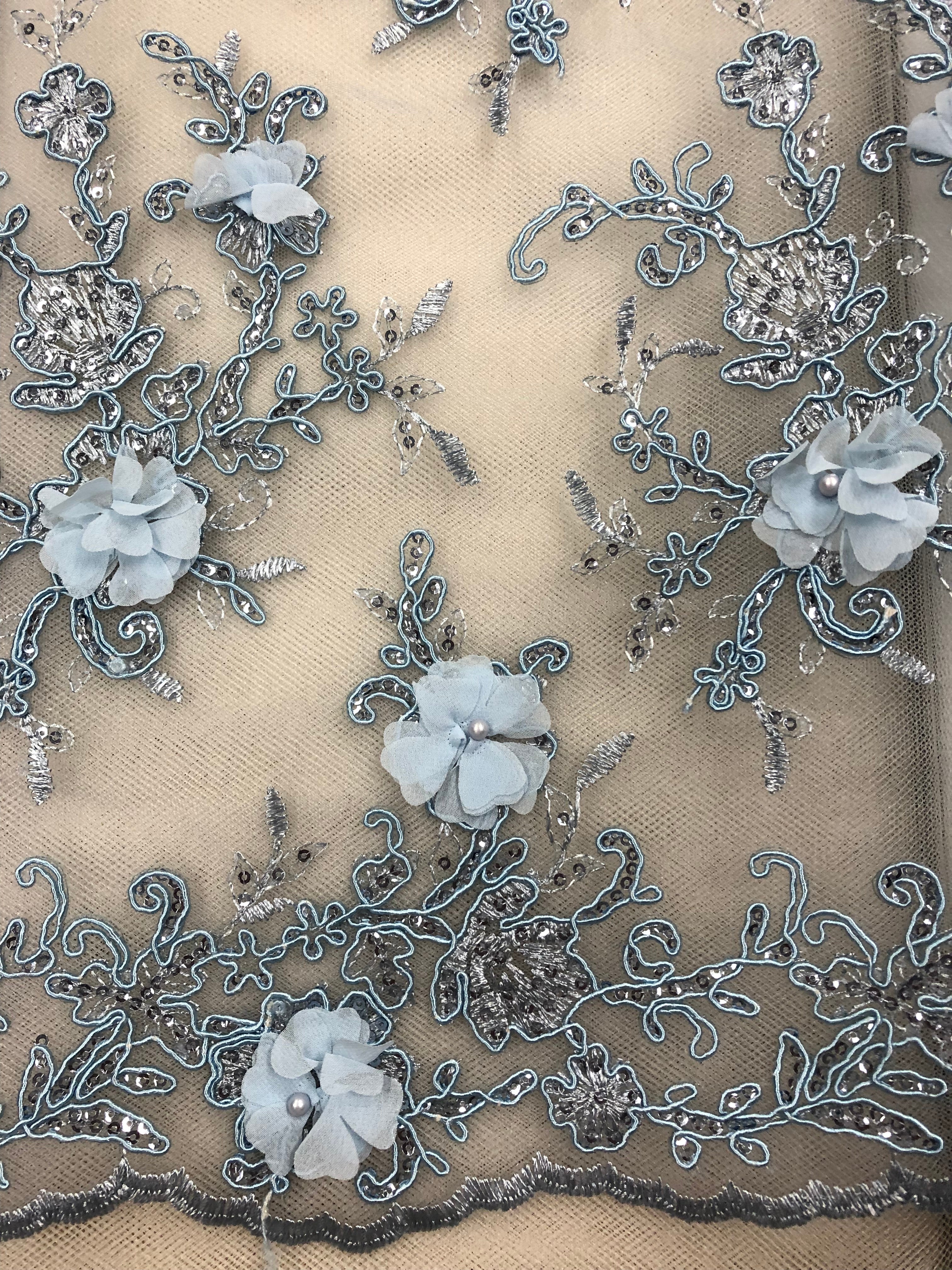 52-inch Wide Blue 3D Embroidered Sequined Lace Fabric - Elegant Corded Trim for Wedding Dresses, Home Decor & DIY Crafts