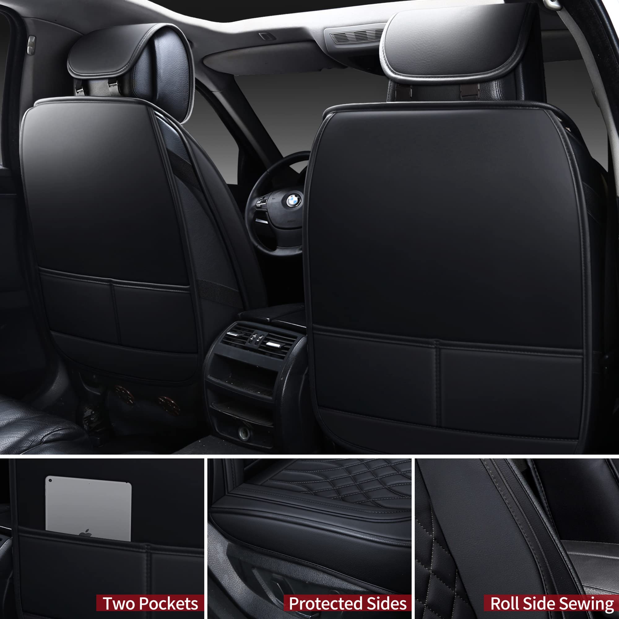 Premium Universal Leather Car Seat Covers - Waterproof 2-Piece Front Set for SUV, Sedan & Truck | Fits Honda, Ford & More | Black Leatherette Seat Protectors | Perfect for Daily Commute, Road Trips & Family Protection