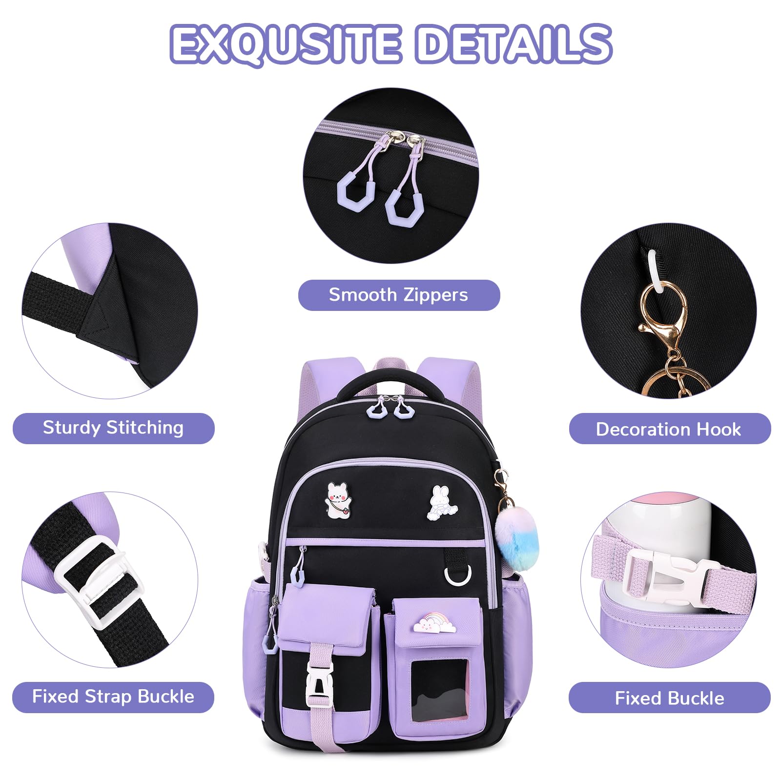 Cute Girls Backpack for School - Water Resistant Kids Bookbag with Multiple Pockets for Elementary Students Ages 6-14, Black & Purple - Perfect for Daily School Use, Travel & Outdoor Activities