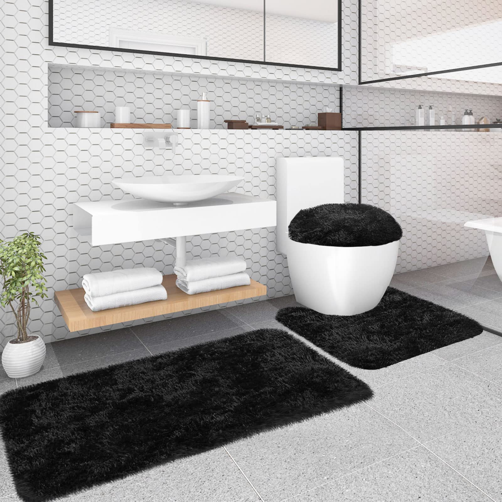 3-Piece Plush Bathroom Rug Set - Non-Slip, Machine Washable for Toilet & Shower Areas