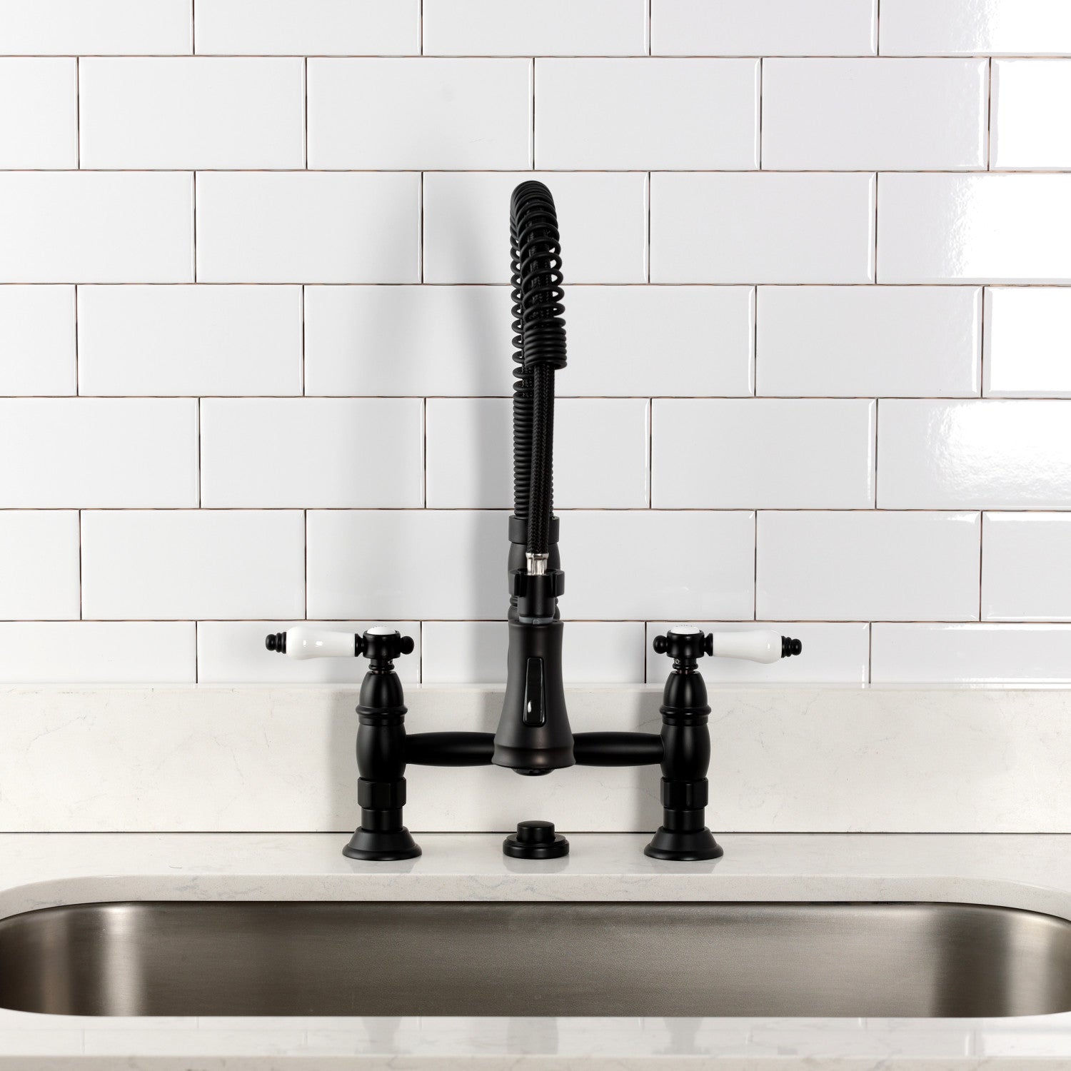 Bel Air GS1270BPL Matte Black Double Handle 2-Hole Deck Mount Pre-Rinse Bridge Kitchen Faucet - Perfect for Commercial & Home Kitchen Sinks, Restaurants, and Food Prep Areas