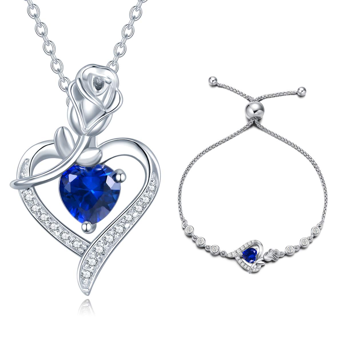 AGVANA Sterling Silver Sapphire Necklace & Bracelet Set for Women - September Birthstone Jewelry with CZ Rose Flower Heart Pendant - Elegant Gift for Mom, Wife, Girlfriend - Perfect for Mother's Day, Anniversary, Birthday & Special Occasions