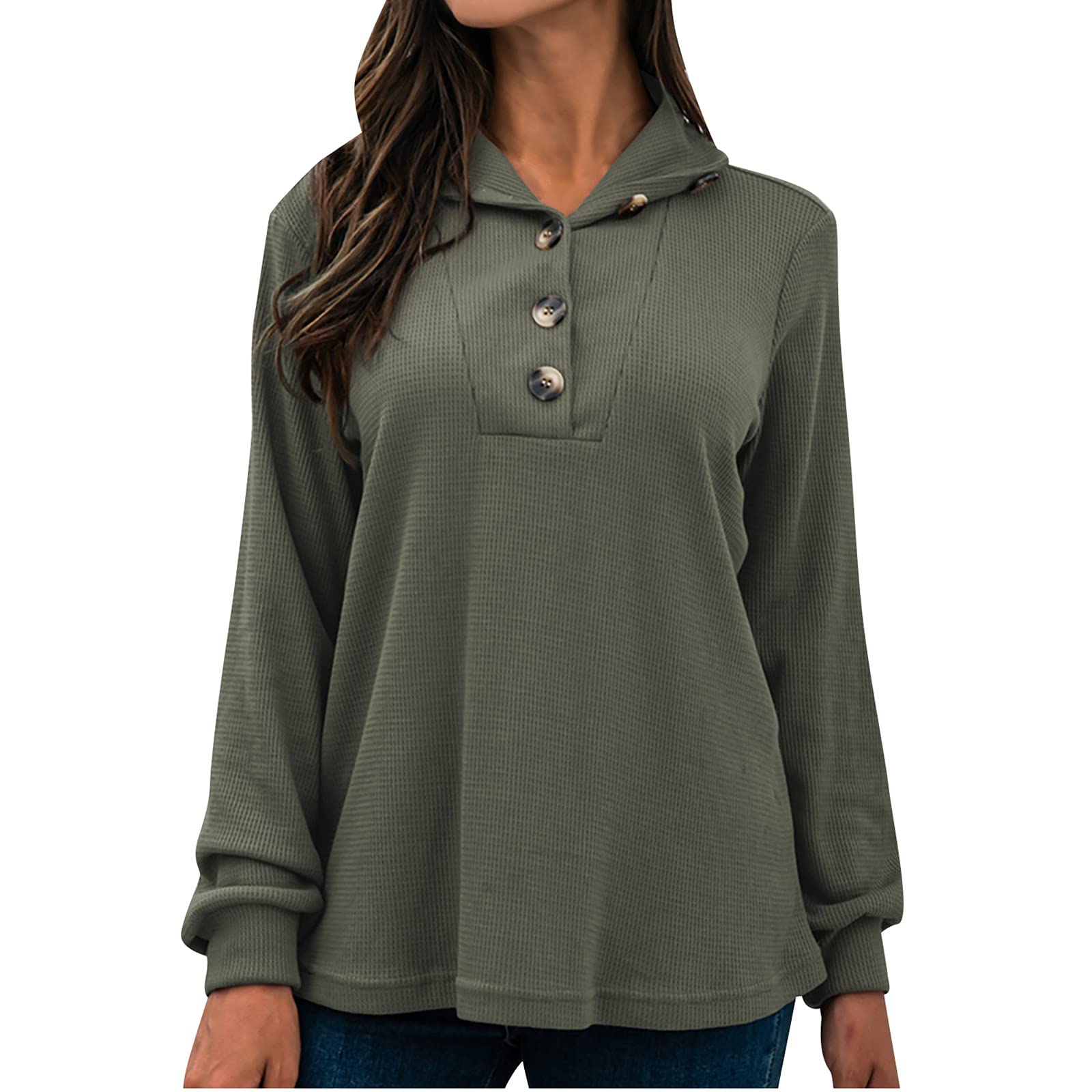Women's Long Sleeve Waffle Knit Henley Shirt - Casual V-Neck Button Down Tunic Top, Loose Fit Pullover Blouse for Fall & Winter | Perfect for Layering, Office Wear & Weekend Outfits