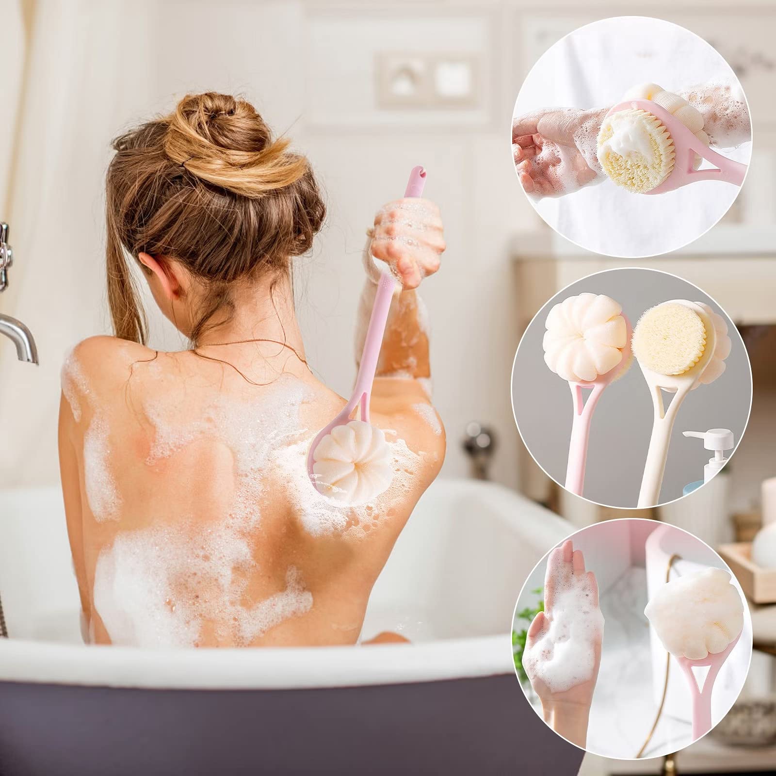 BLINE Bath Brush with Long Handle - Double-Sided Shower Brush with Soft Bristles & Enlarged Sponge for Exfoliating & Cleansing - Ideal for Back Scrubbing, Body Wash & Skin Care in Shower or Bathtub