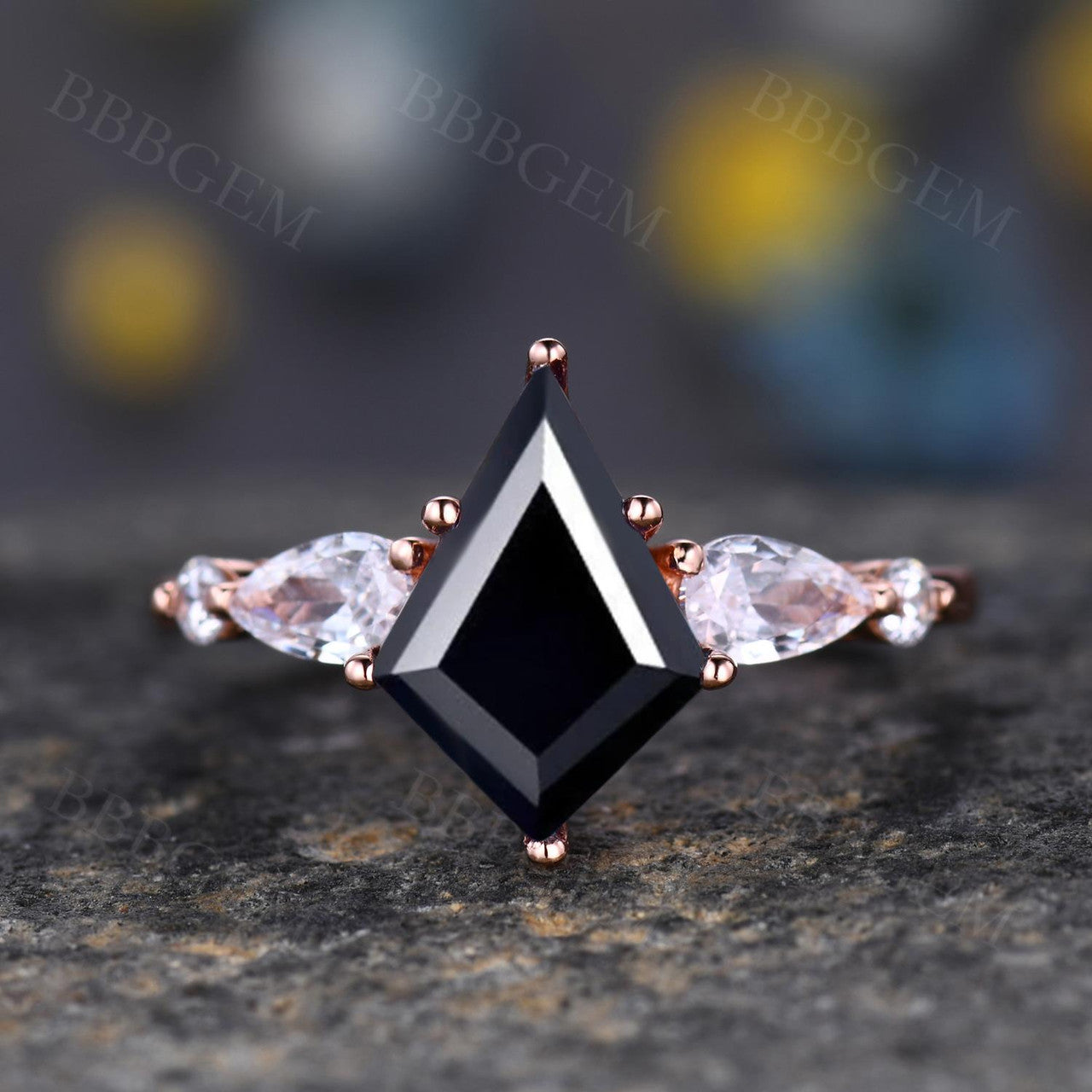 Elegant Lozenge Step Cut Black Onyx Statement Ring with Pear Moissanite Accent - Perfect for Evening Parties, Date Nights & Special Occasions