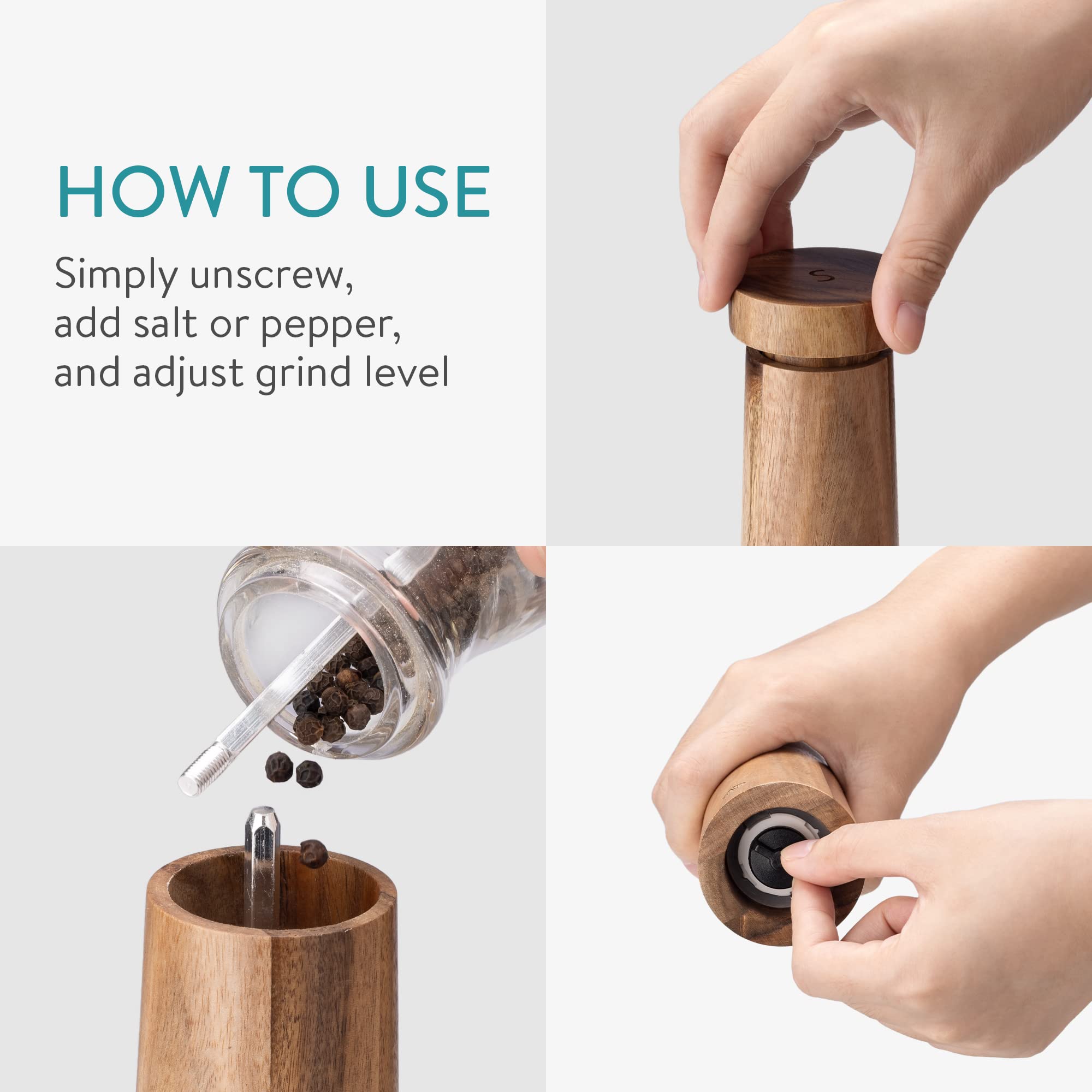 Premium Acacia Wood Salt and Pepper Grinder Set with Ceramic Core - Adjustable Coarseness, Includes Wooden Tray - Ideal for Home Kitchen, Restaurant Dining & Gourmet Cooking