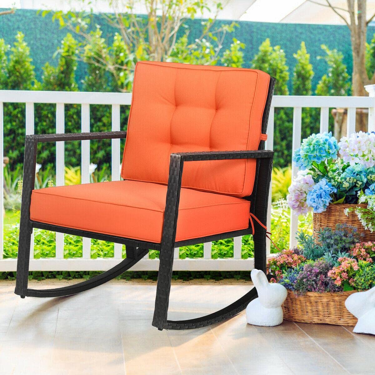 **Outdoor Rattan Rocking Chair with Cushion - Patio Glider Wicker Rocker for Lawn, Deck, Garden & Camping - Comfortable Mikalo Chair for Relaxing & Lounging**