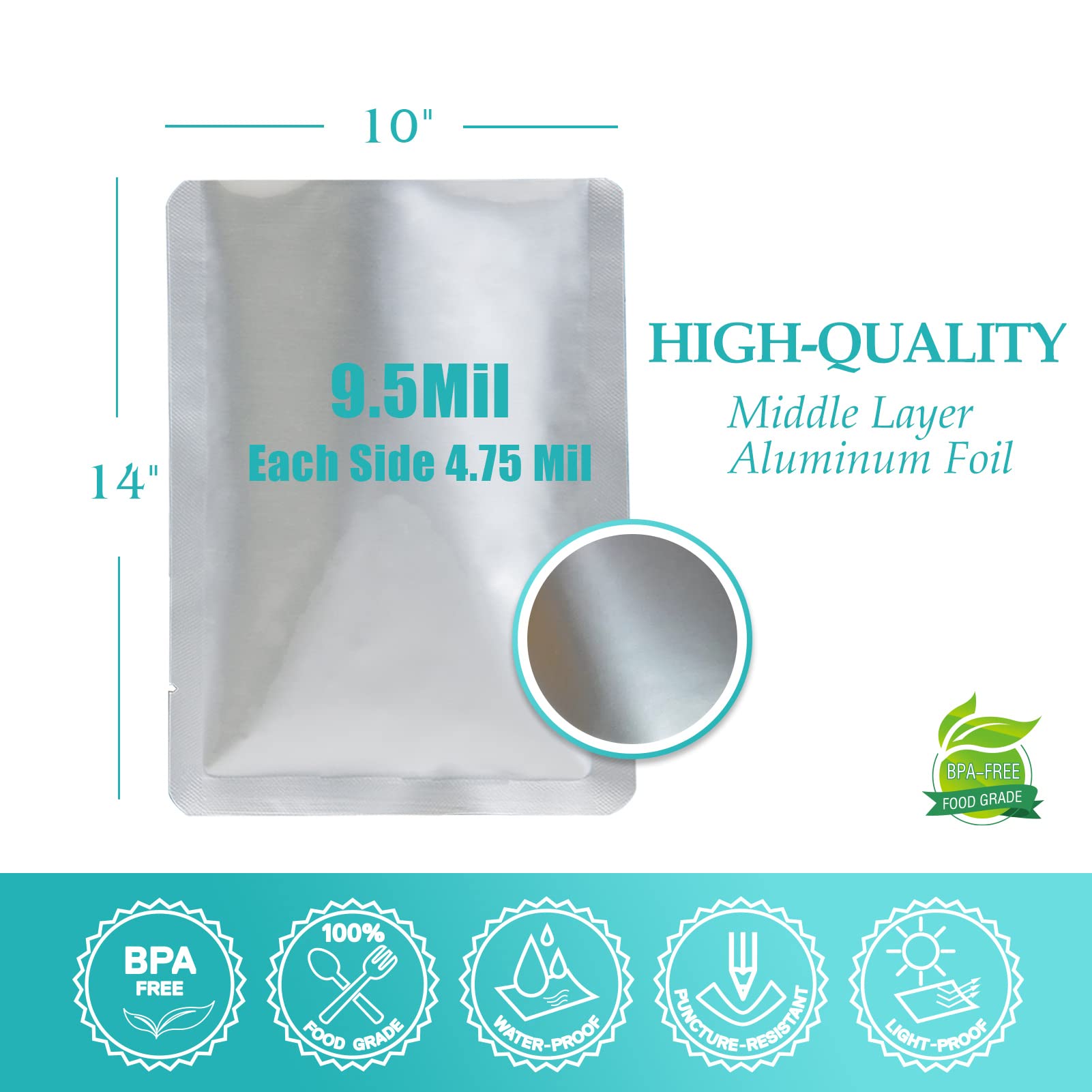 50pcs 1 Gallon Mylar Bags for Food Storage with Oxygen Absorbers 500CC (6 Packs of 10pcs) and Labels - 9.5 Mil 10