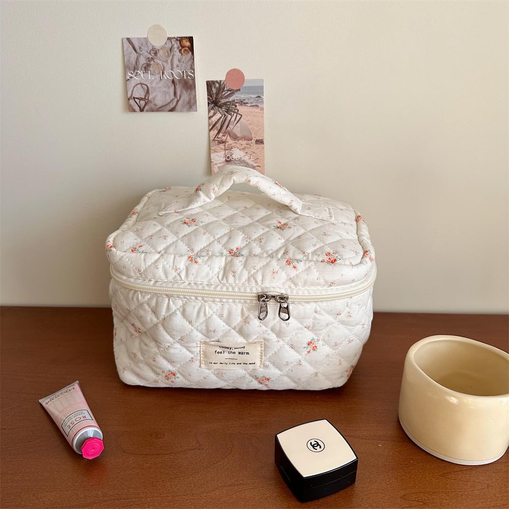 Floral Quilted Cotton Makeup Bag Set - 3 Pack Aesthetic Cosmetic Organizer for Travel, Toiletries & Daily Use (White Flower Design) | Perfect for Women's Beauty Essentials, Gym, and Weekend Getaways