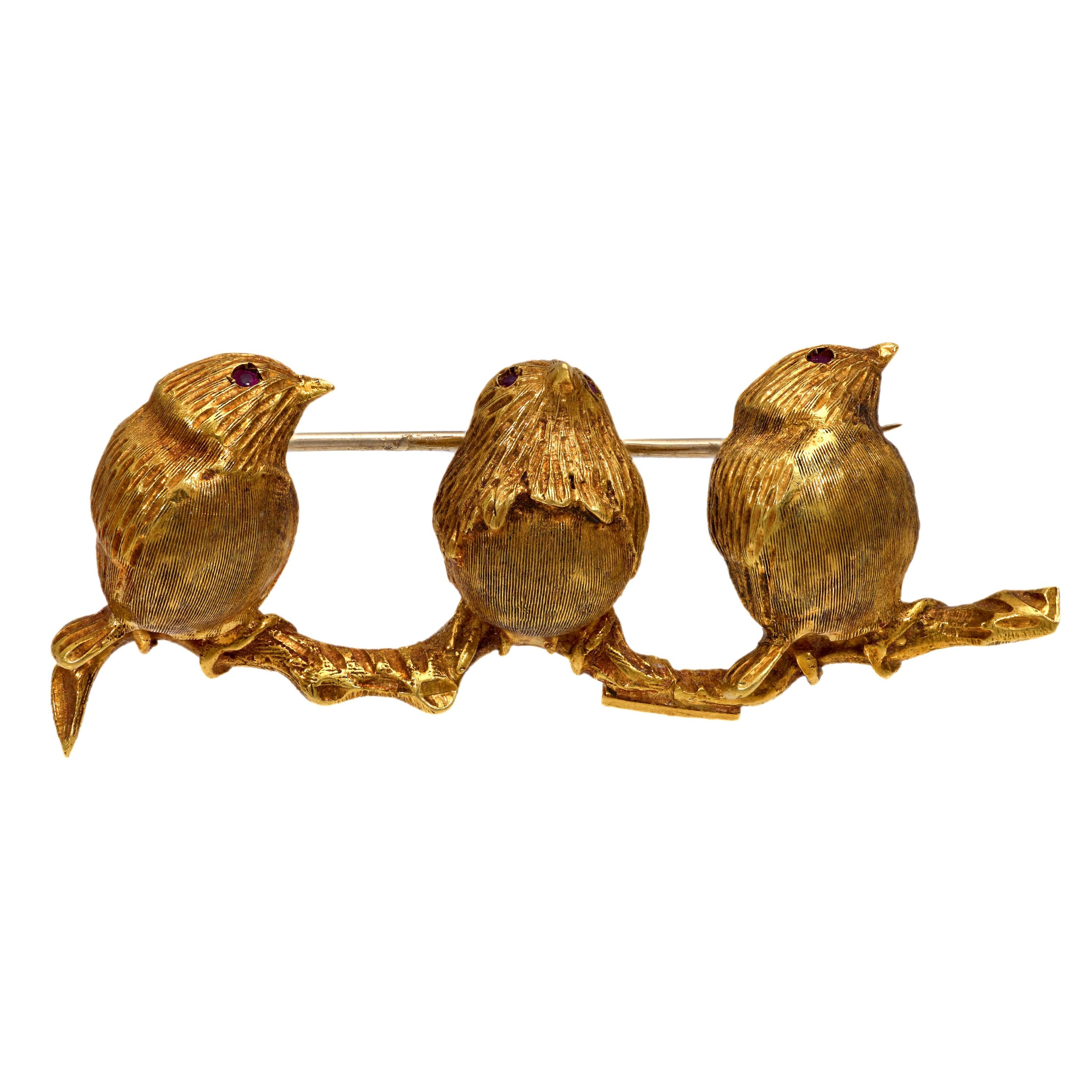 18K Yellow Gold Three Little Birds Brooch Pin - Elegant Jewelry Gift for Women, Perfect for Weddings, Parties & Special Occasions