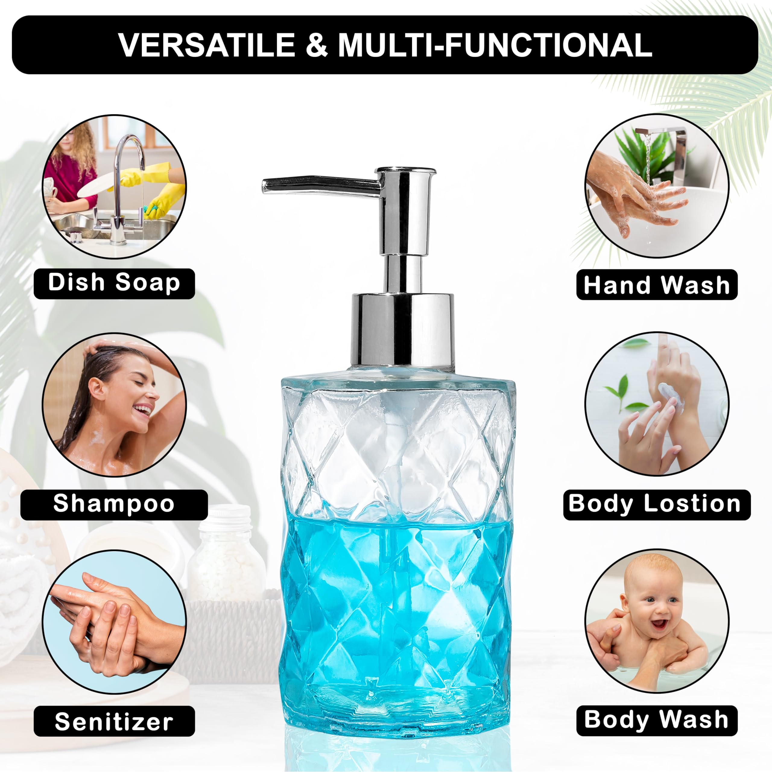 12 Oz Glass Soap Dispenser for Kitchen & Bathroom - Rustproof Pump, Crystal Clear Refillable Liquid Lotion Dispenser with Diamond Design - Perfect for Hand Soap, Dish Soap, and Lotion in Home & Office
