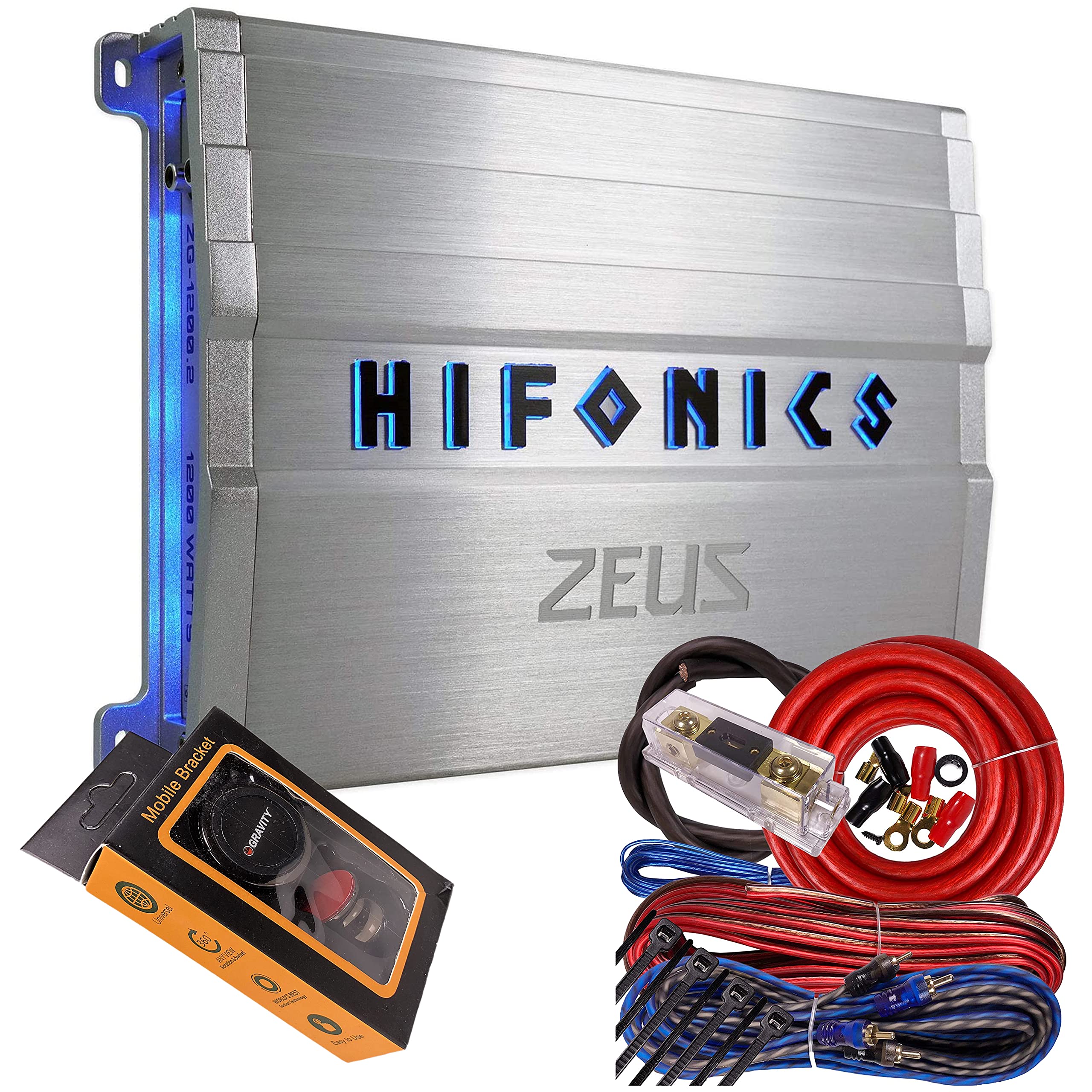 Hifonics ZG-1200.2 Zeus Gamma 2 Channel 1200W Super A/B Class Car Amplifier with Subwoofer Speaker, Gravity Magnet Phone Holder & 4 Gauge Kit (Red) - Perfect for Car Audio Systems, Bass Boost & Road Trips