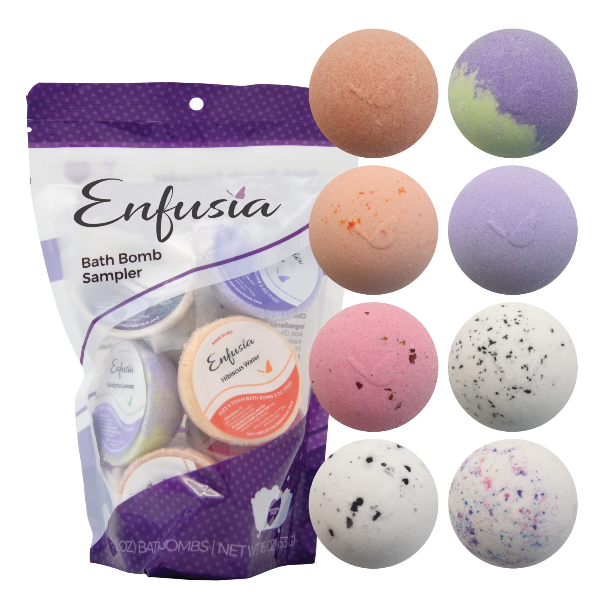 Enfusia Bath Bomb Sampler - 8 Pack Individually Wrapped Variety for Relaxation & Moisturizing | Vegan, Natural, Clean Ingredients | Aromatherapy Spa Gift for Women, Girls & Moms | Perfect for Home Spa Nights & Self-Care Routines
