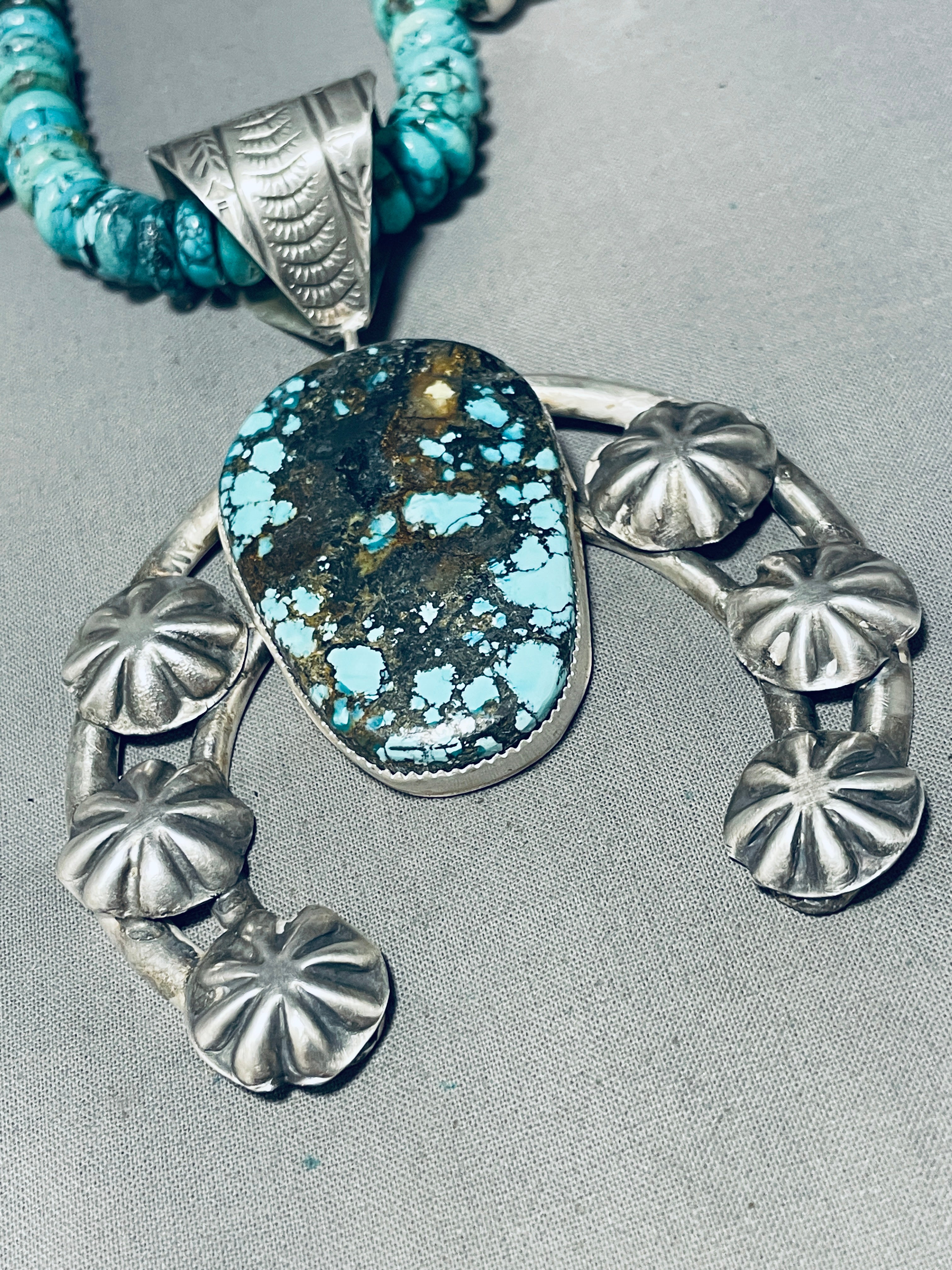 Authentic Navajo Spiderweb Turquoise Squash Blossom Necklace - 170g Sterling Silver Handmade Jewelry for Women - Perfect for Boho Fashion, Wedding Gifts & Special Occasions