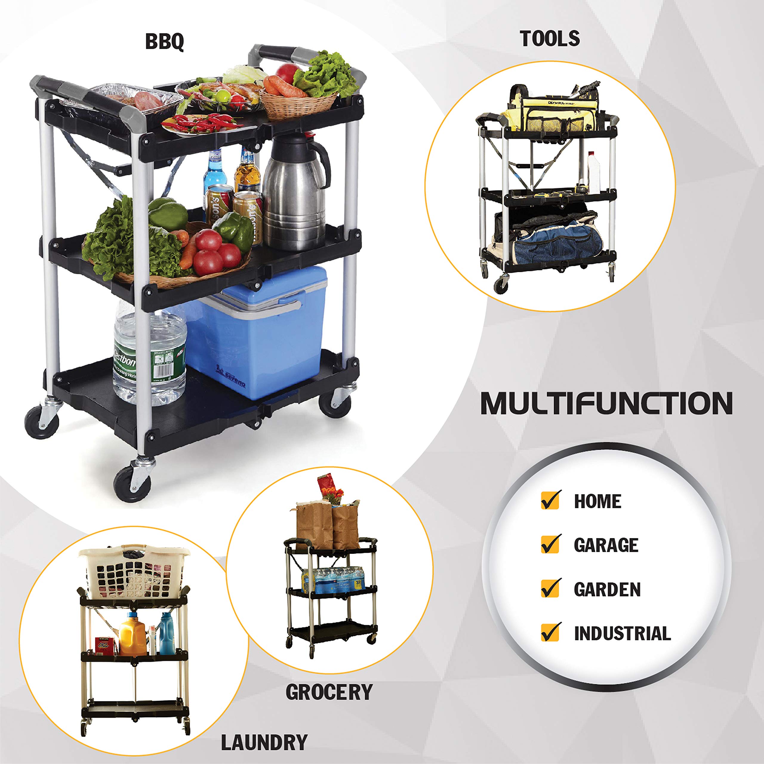 Olympia Tools 85-188 Pack-N-Roll Folding Collapsible Service Cart - Heavy Duty 150LB Capacity Utility Cart with Wheels - Perfect for Warehouse, Workshop, Garage & Home Organization - Black