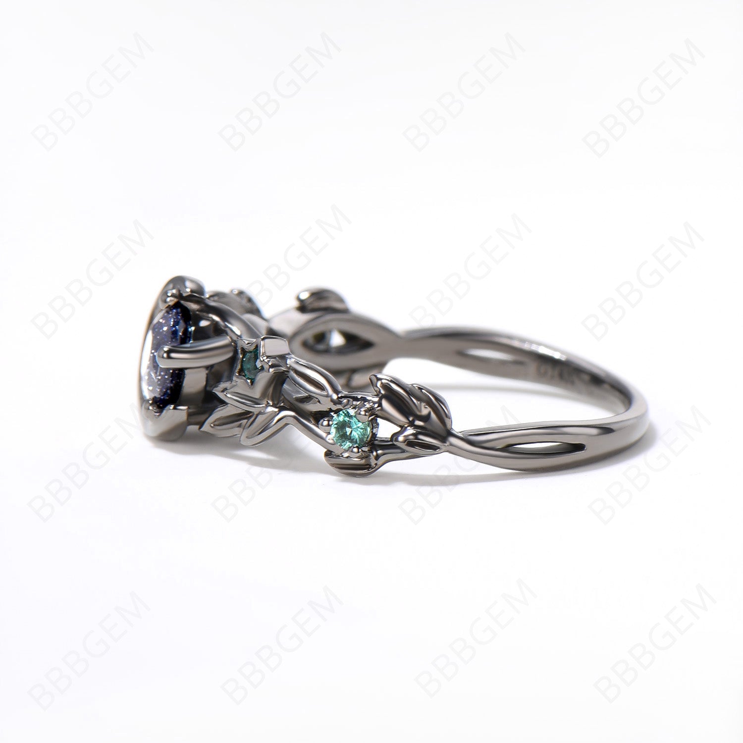 Celestial Moon Blue Goldstone Ring - Unique Black Gold Starry Sky Sandstone Ring, Nature Inspired Leaf Emerald Wedding Band, Witchy Jewelry Gift for Women (Perfect for Boho, Gothic & Spiritual Occasions)
